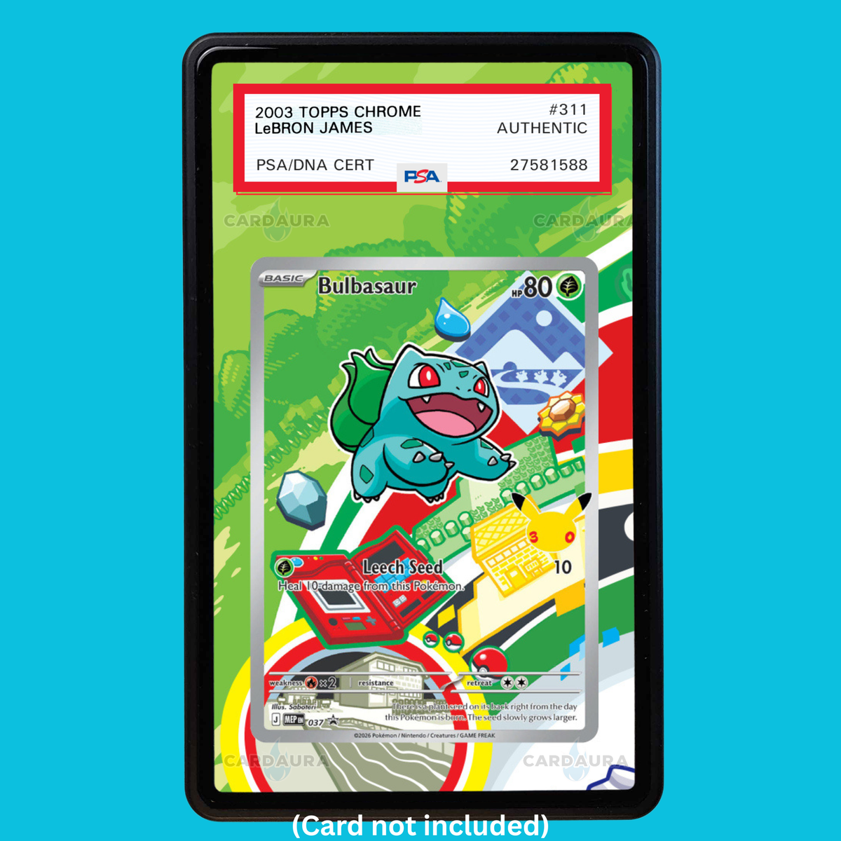 Showcase your Bulbasaur 037 with a premium extended art display case designed for graded Pokémon cards. This collectible display combines hand-drawn extended artwork, a magnetic aluminum case, and UV-protective tempered glass to help protect and elevate your Bulbasaur 037 Pokémon card.