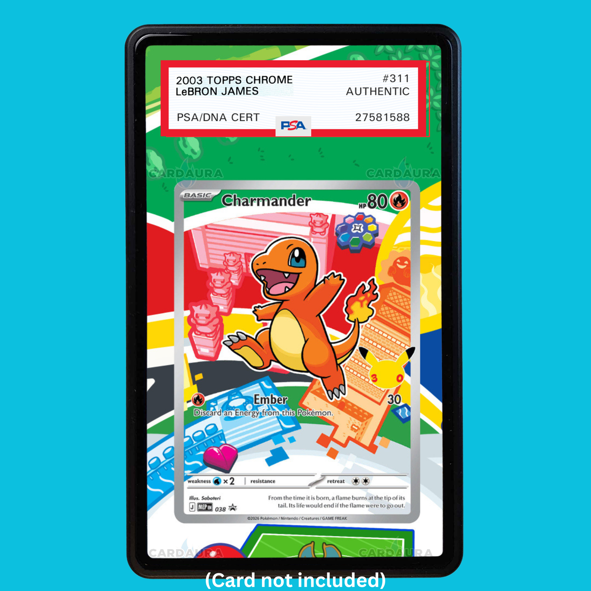 Showcase your Charmander 038 with a premium extended art display case designed for graded Pokémon cards. This collectible display combines hand-drawn extended artwork, a magnetic aluminum case, and UV-protective tempered glass to help protect and elevate your Charmander 038 Pokémon card.