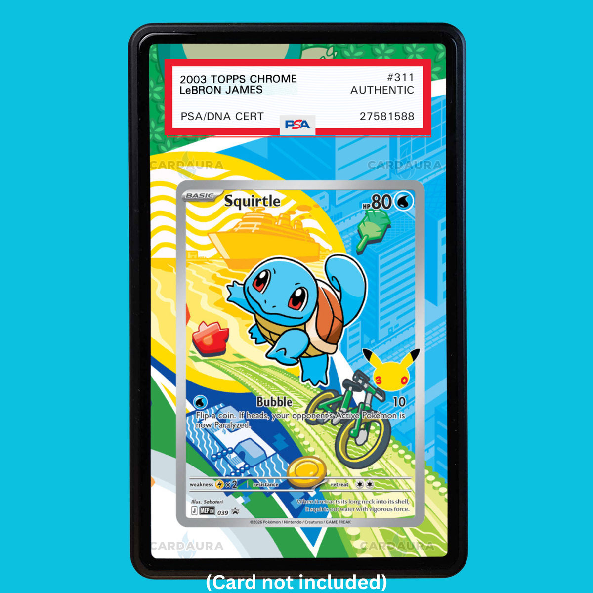 Showcase your Squirtle 039 with a premium extended art display case designed for graded Pokémon cards. This collectible display combines hand-drawn extended artwork, a magnetic aluminum case, and UV-protective tempered glass to help protect and elevate your Squirtle 039 Pokémon card.
