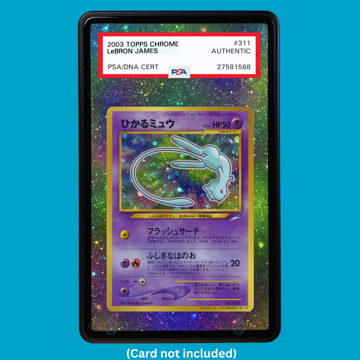 Hand-drawn Shining Mew CoroCoro Promo extended art display case insert for graded Pokémon cards