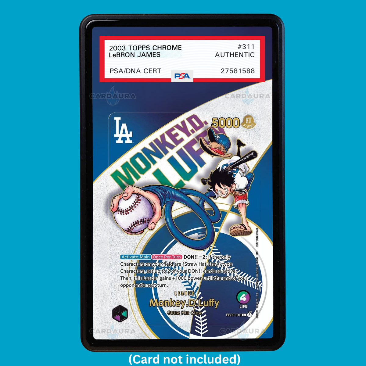Showcase your Monkey D. Luffy Dodgers EB02-010 with a premium extended art display case designed for graded One Piece cards. This collectible display combines hand-drawn extended artwork, a magnetic aluminum case, and UV-protective tempered glass to help protect and elevate your One Piece Monkey D. Luffy EB02-010 Dodgers card.