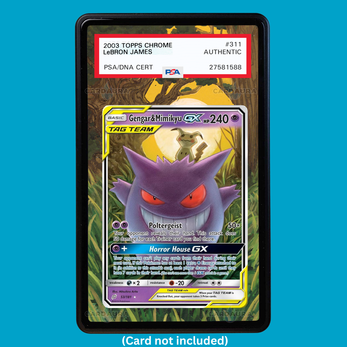 Hand-drawn Gengar & Mimikyu GX 53/181 Team Up extended art display case insert for graded Pokémon cards