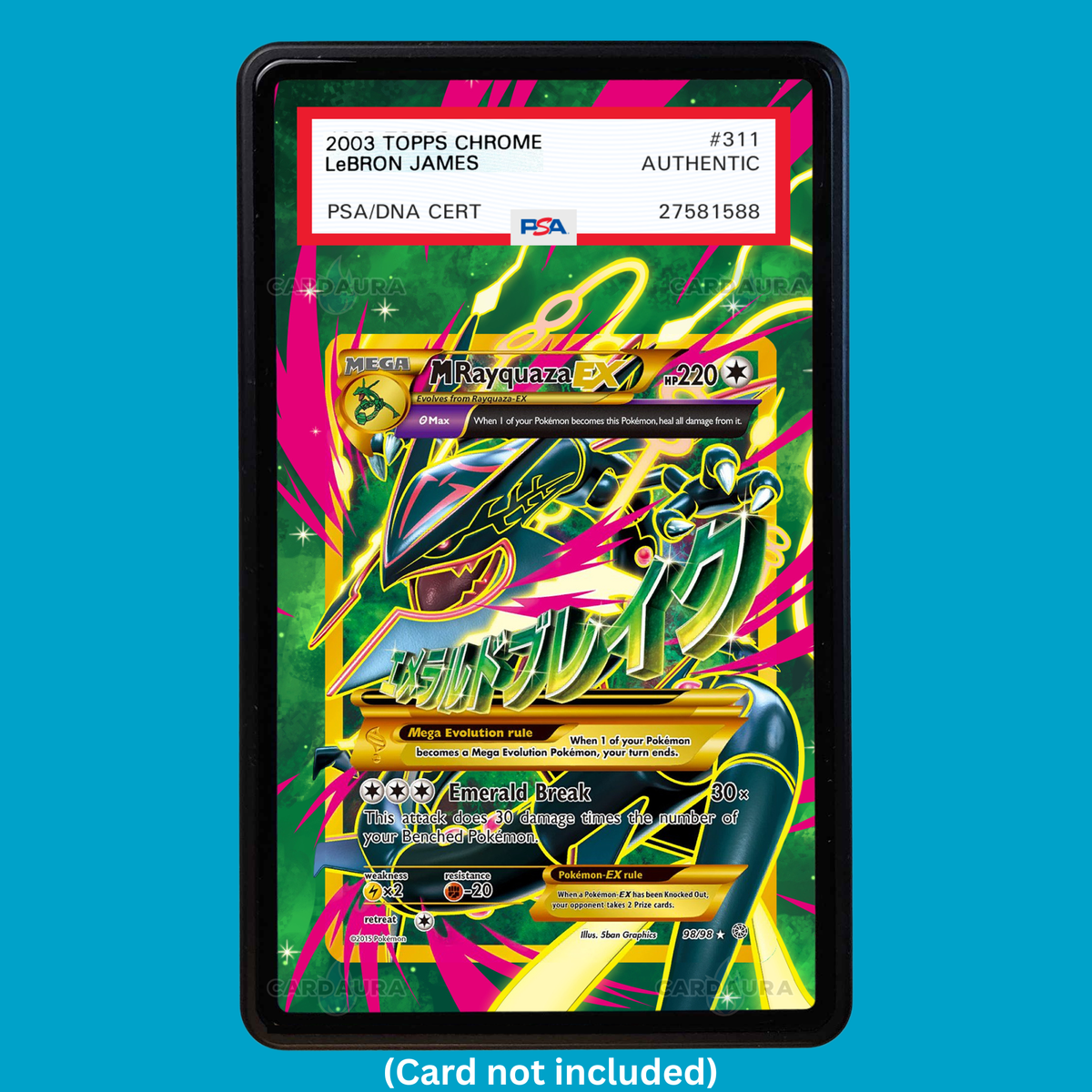 Showcase your M Rayquaza EX 98/98 with a premium extended art display case designed for graded Pokémon cards. This collectible display combines hand-drawn extended artwork, a magnetic aluminum case, and UV-protective tempered glass to help protect and elevate your M Rayquaza EX 98/98 card.