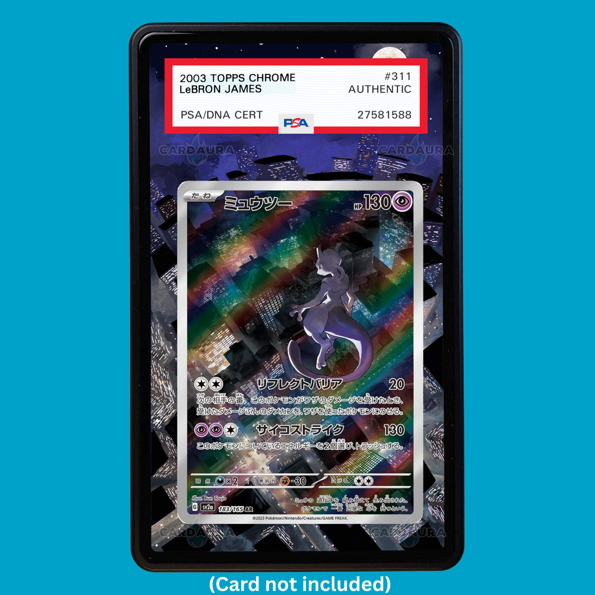Hand-drawn Mew EX 053 Promo Set 151 extended art display case insert for graded Pokémon cards