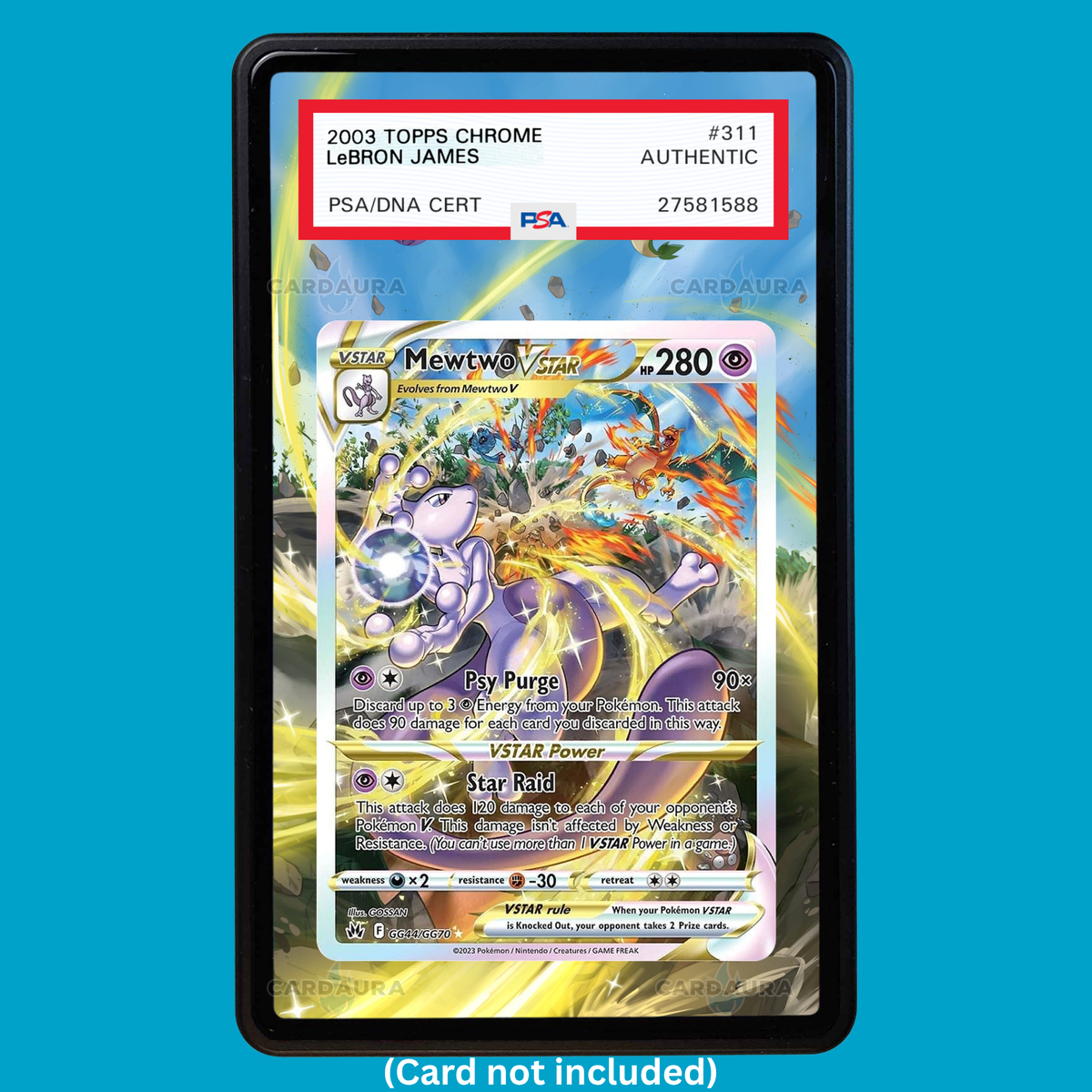 Hand-drawn Mewtwo VSTAR GG44/GG70 Crown Zenith extended art display case insert for graded Pokémon cards