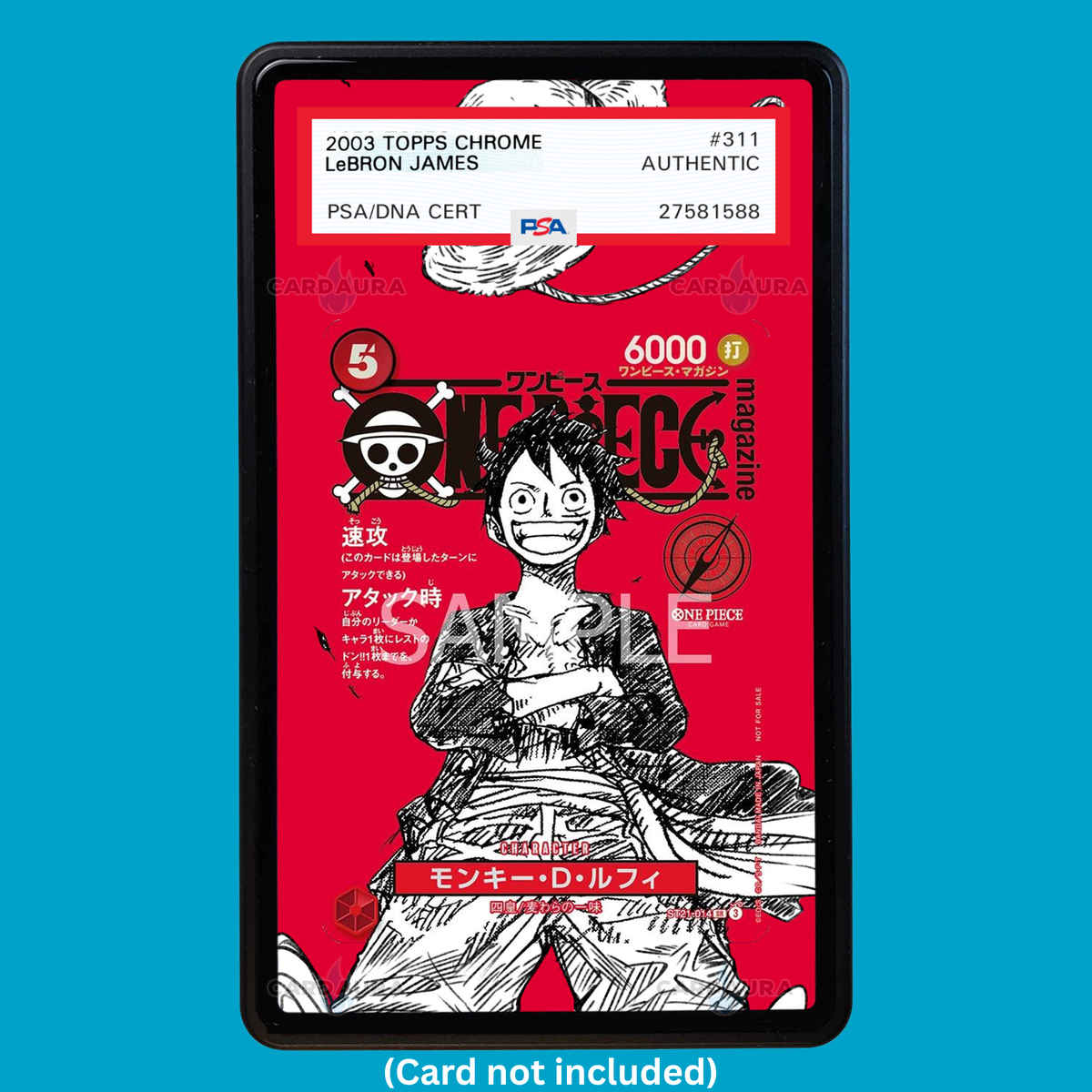 Showcase your Monkey D. Luffy ST21-014 Magazine with a premium extended art display case designed for graded One Piece cards. This collectible display combines hand-drawn extended artwork, a magnetic aluminum case, and UV-protective tempered glass to help protect and elevate your One Piece Monkey D. Luffy ST21-014 Magazine card.