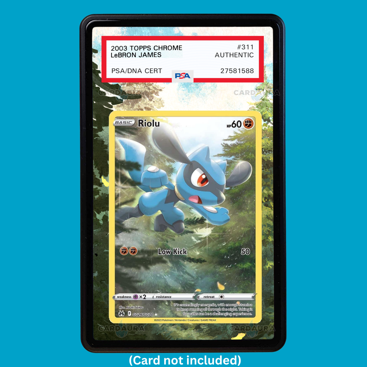 Hand-drawn Riolu GG26 Crown Zenith extended art display case insert for graded Pokémon cards