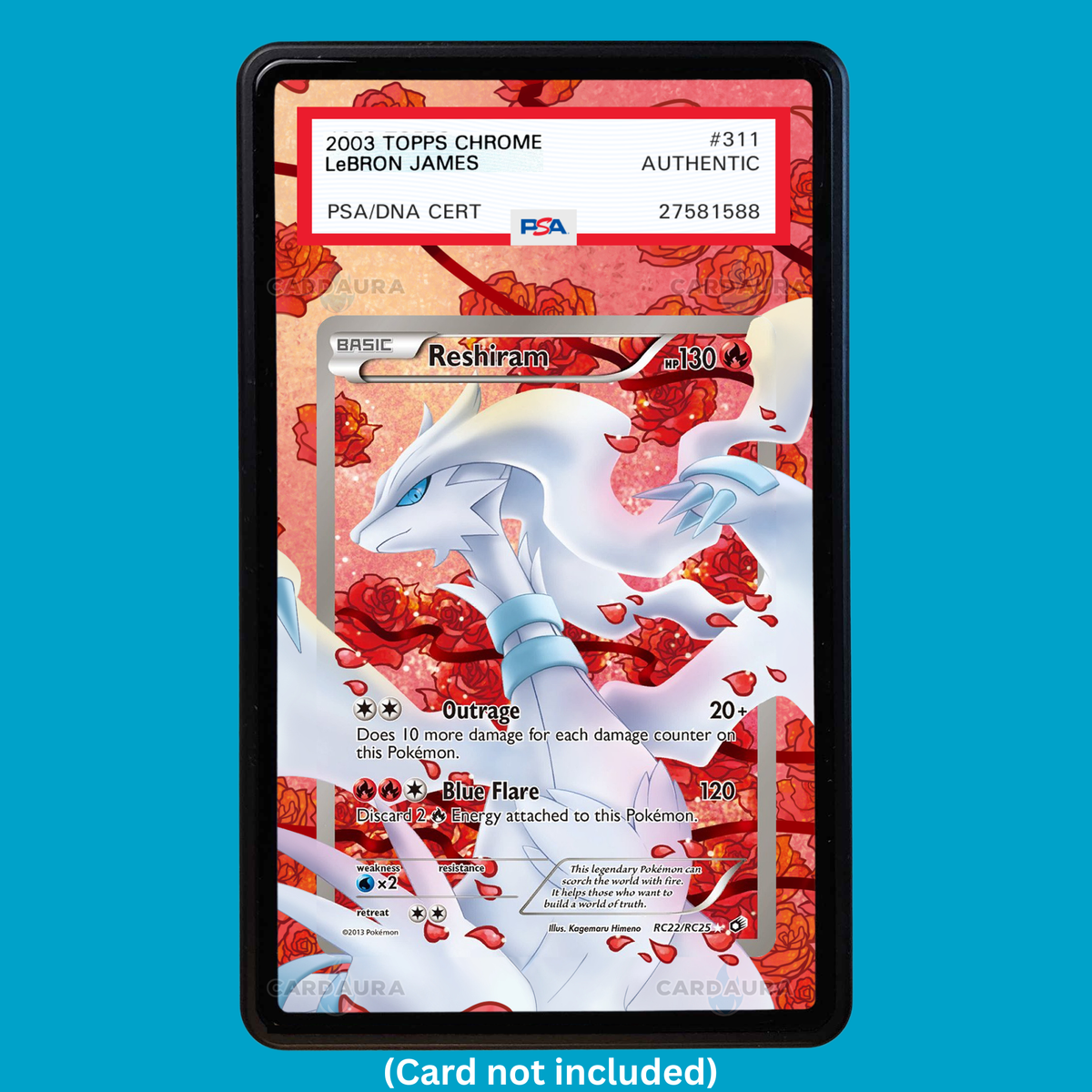 Showcase your Reshiram RC22/RC25 with a premium extended art display case designed for graded Pokémon cards. This collectible display combines hand-drawn extended artwork, a magnetic aluminum case, and UV-protective tempered glass to help protect and elevate your Reshiram RC22/RC25 card.