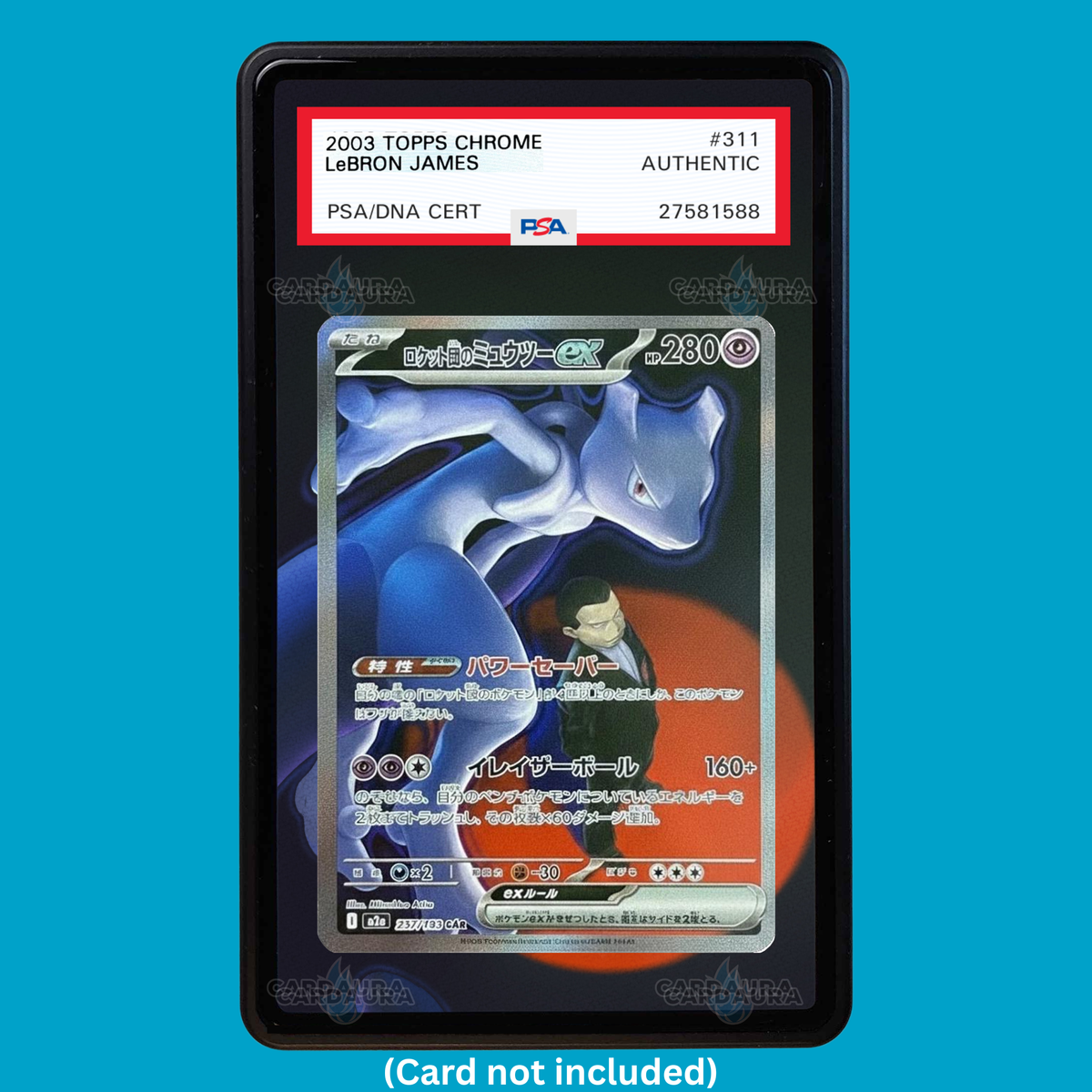 Showcase your Team Rocket's Mewtwo EX 281/217 with a premium extended art display case designed for graded Pokémon cards. This collectible display combines hand-drawn extended artwork, a magnetic aluminum case, and UV-protective tempered glass to help protect and elevate your Team Rocket's Mewtwo EX 281/217 card.