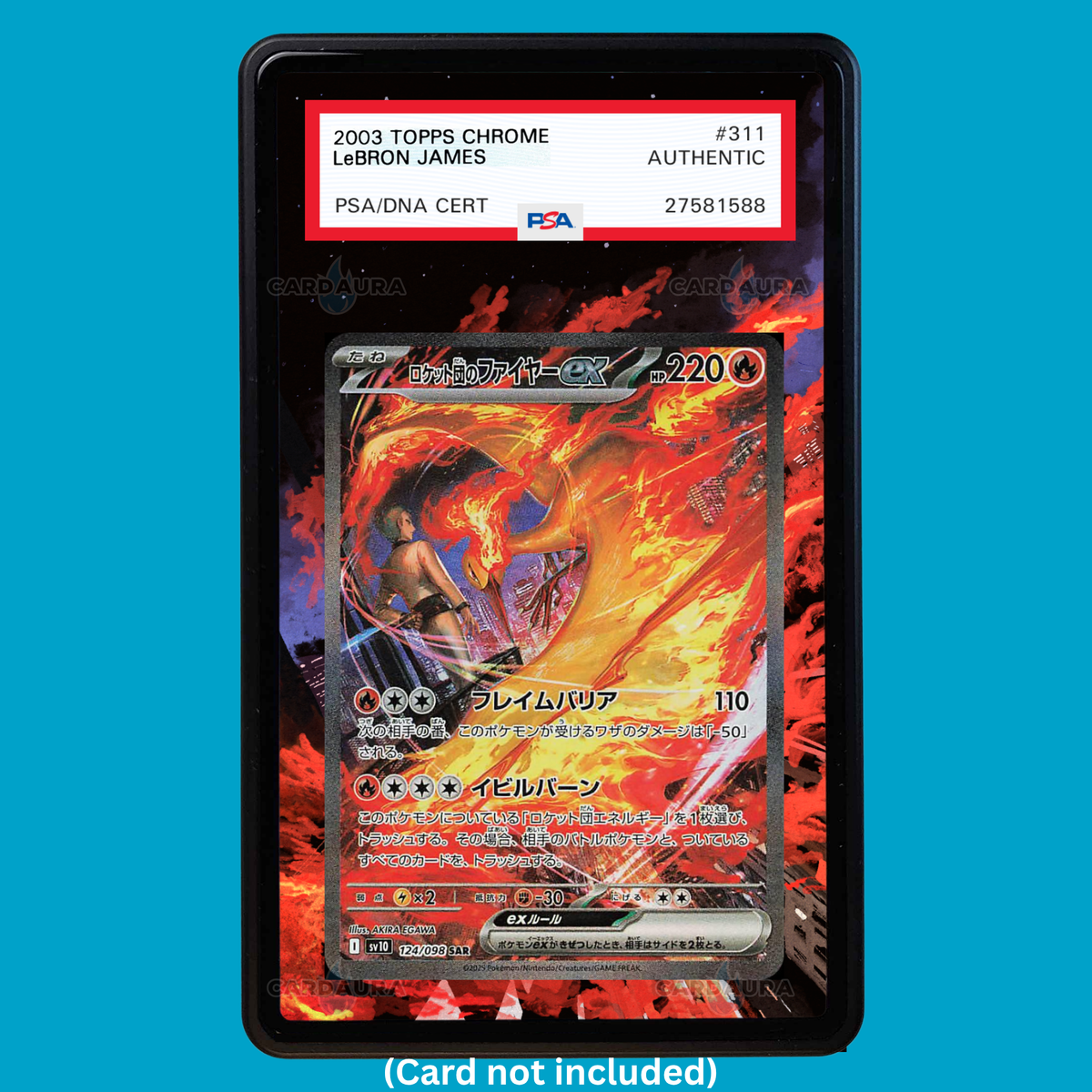 Hand-drawn Team Rocket's Moltres ex 229/182 Destined Rivals extended art display case insert for graded Pokémon cards