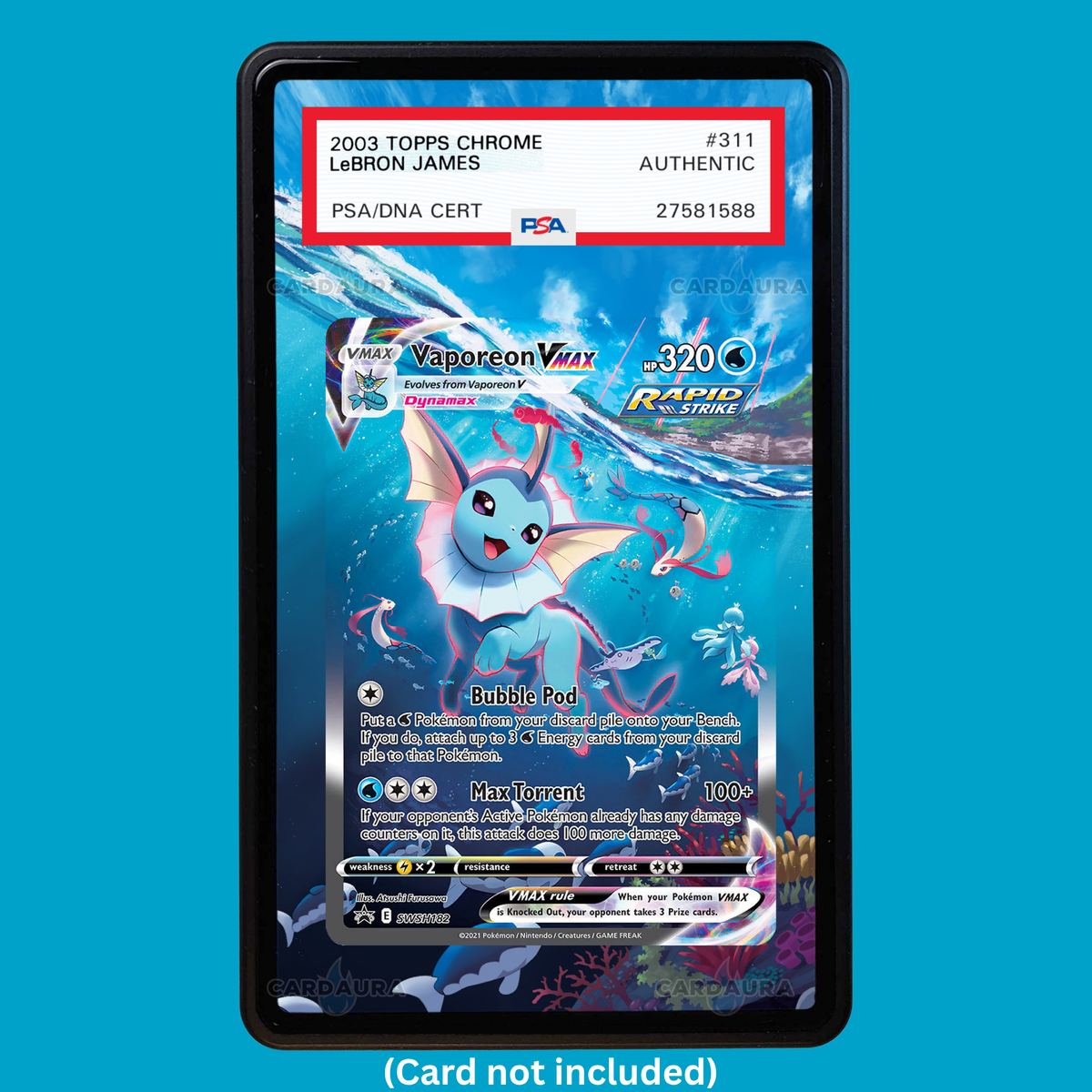 Hand-drawn Vaporeon VMAX SWSH182 Evolving Skies extended art display case insert for graded Pokémon cards