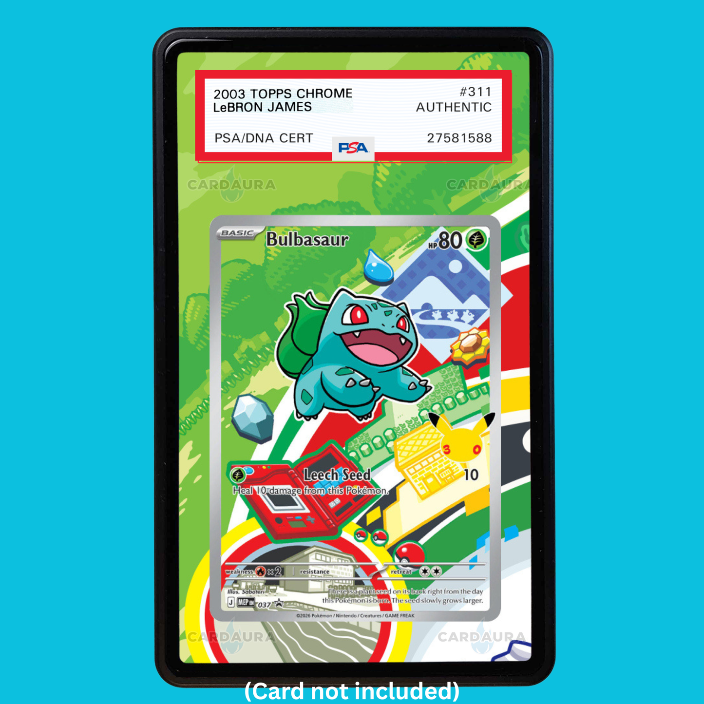 Showcase your Bulbasaur 037 with a premium extended art display case designed for graded Pokémon cards. This collectible display combines hand-drawn extended artwork, a magnetic aluminum case, and UV-protective tempered glass to help protect and elevate your Bulbasaur 037 Pokémon card.