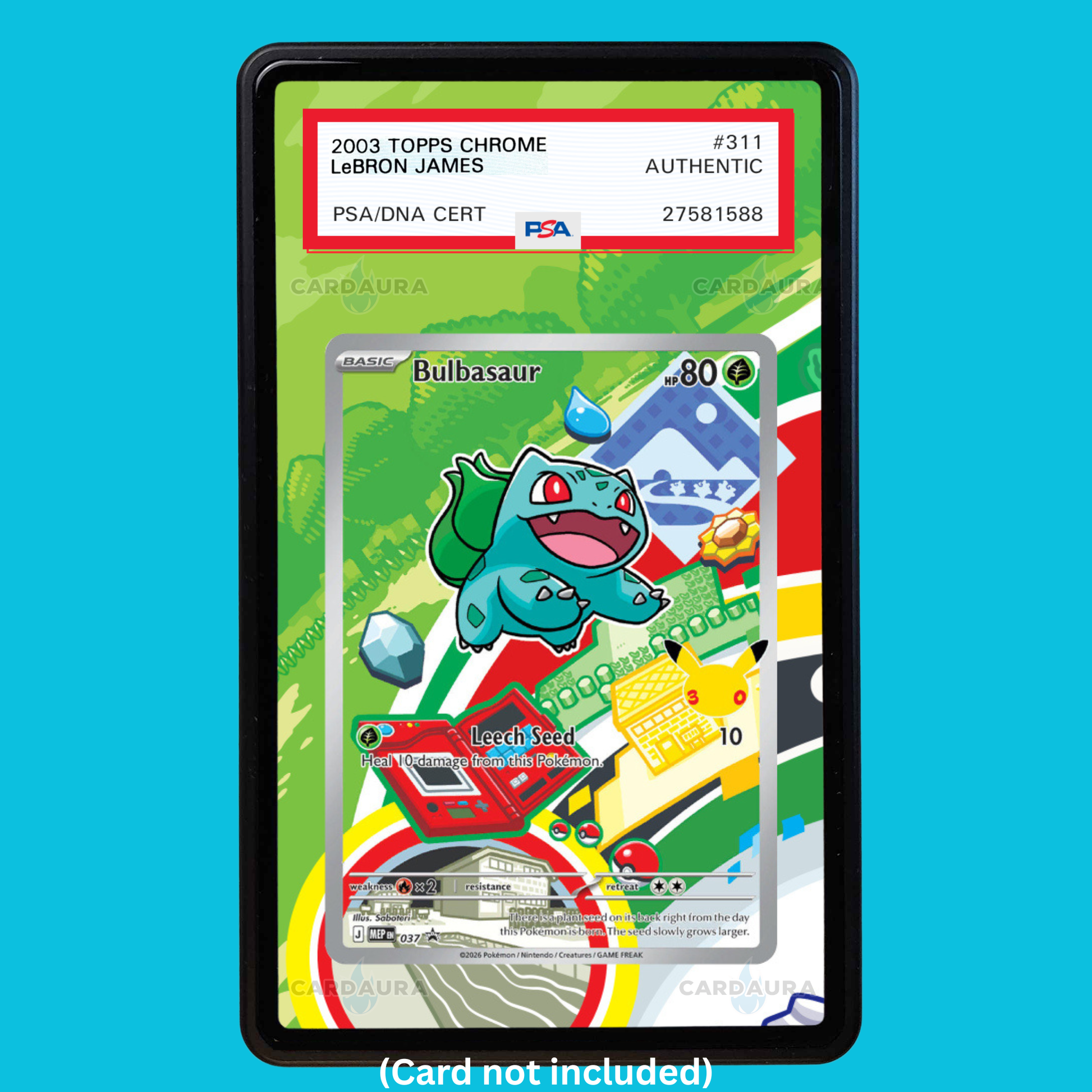 Showcase your Bulbasaur 037 with a premium extended art display case designed for graded Pokémon cards. This collectible display combines hand-drawn extended artwork, a magnetic aluminum case, and UV-protective tempered glass to help protect and elevate your Bulbasaur 037 Pokémon card.