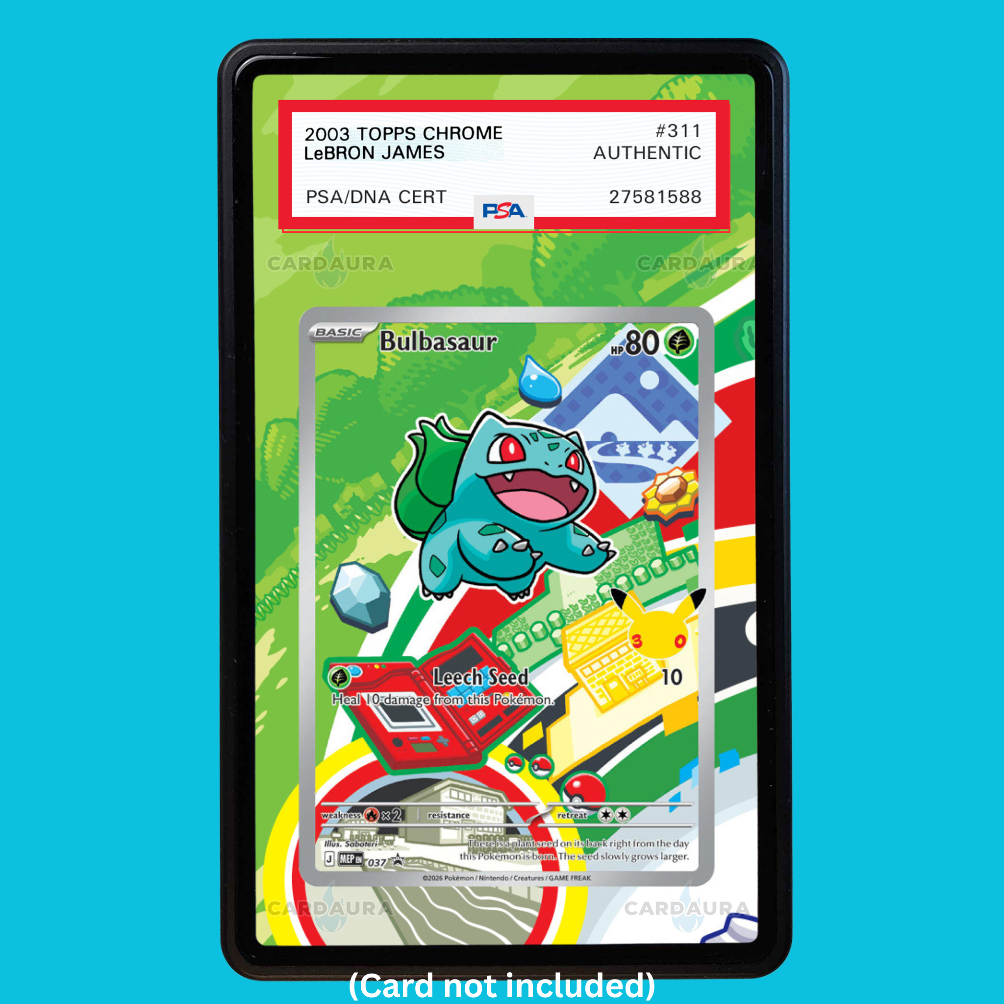 Showcase your Bulbasaur 037 with a premium extended art display case designed for graded Pokémon cards. This collectible display combines hand-drawn extended artwork, a magnetic aluminum case, and UV-protective tempered glass to help protect and elevate your Bulbasaur 037 Pokémon card.