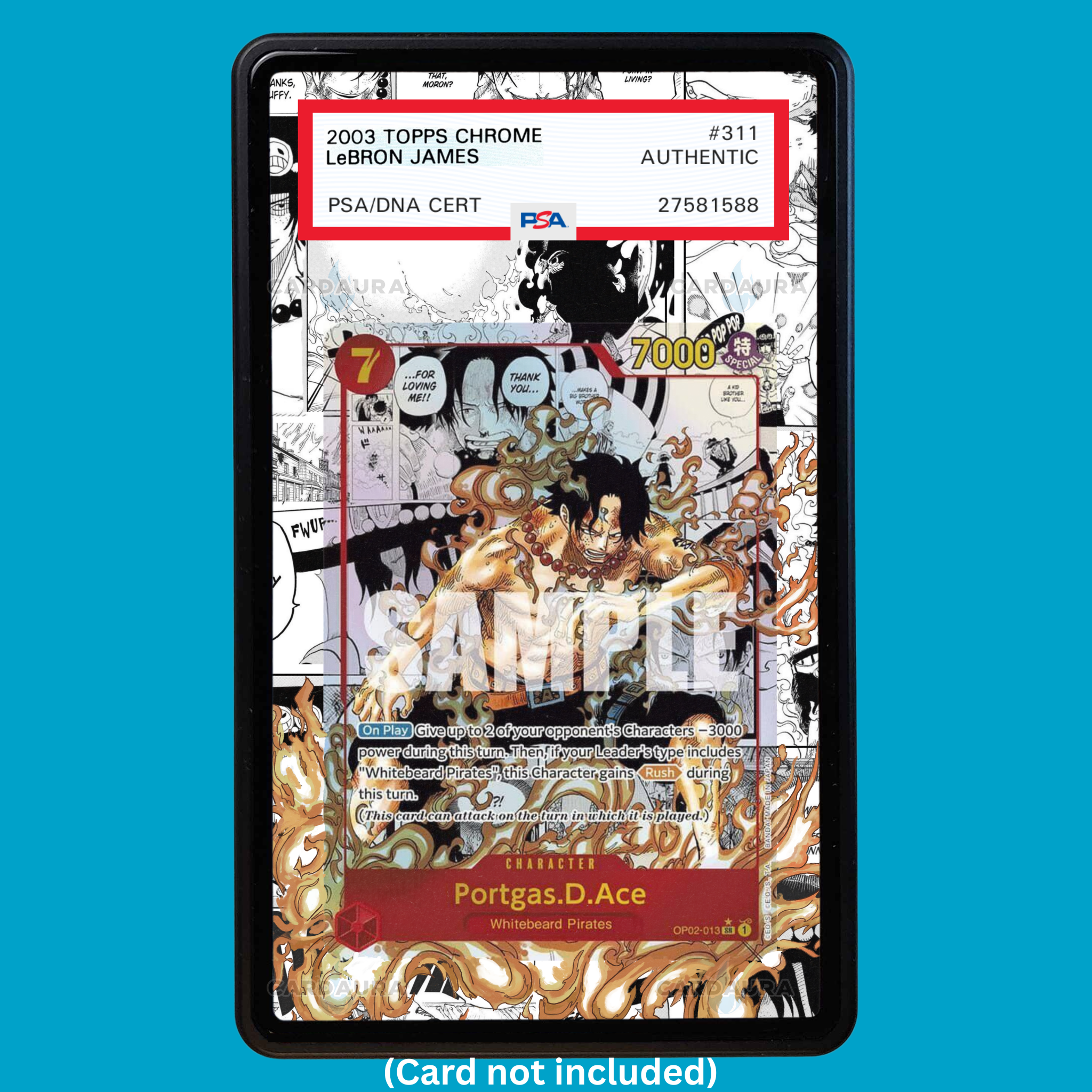 Showcase your Portgas D. Ace Manga OP02-013 with a premium extended art display case designed for graded One Piece cards. This collectible display combines hand-drawn extended artwork, a magnetic aluminum case, and UV-protective tempered glass to help protect and elevate your One Piece Portgas D. Ace OP02-013 Manga card.