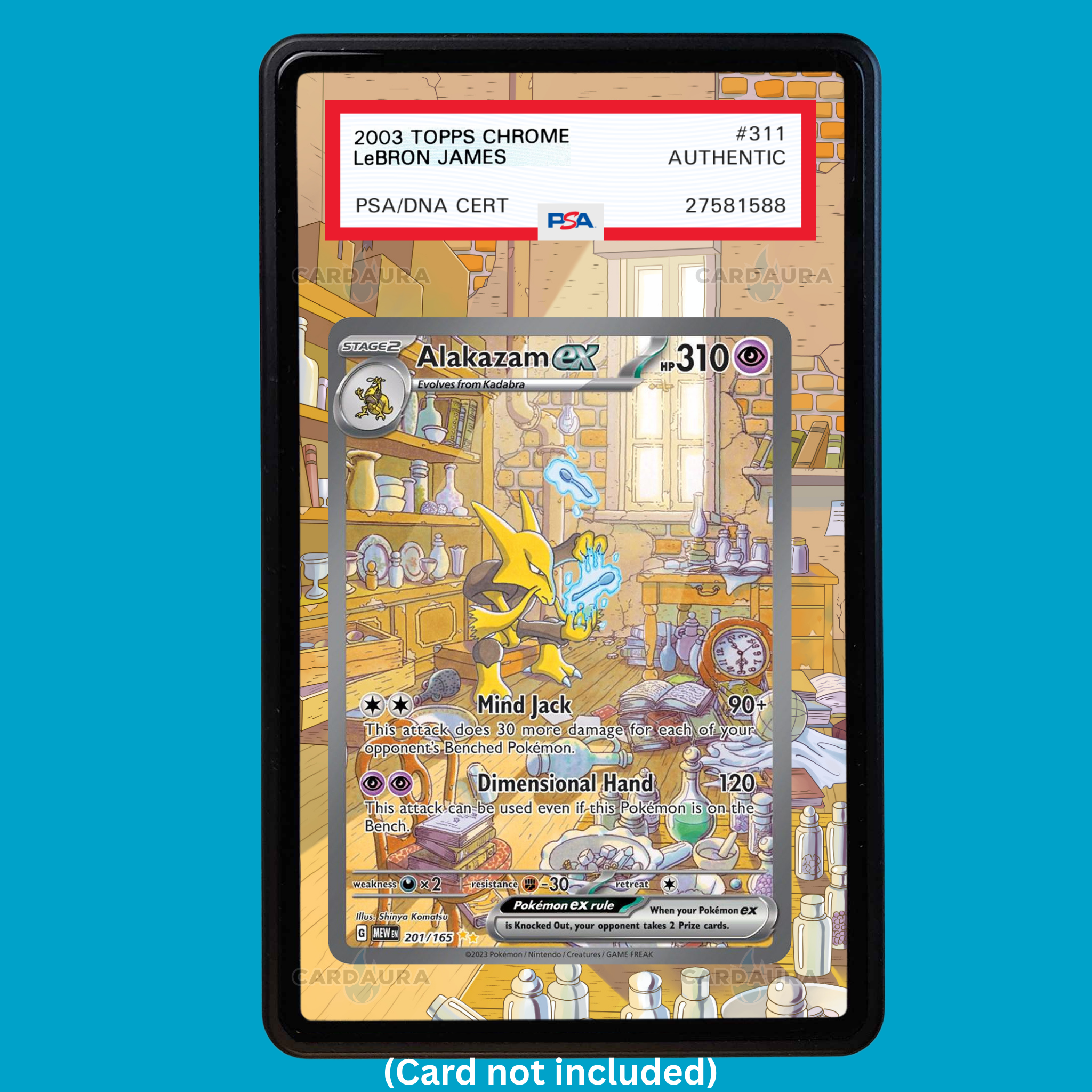 Hand-drawn Alakazam 201/165 Set 151 extended art display case insert for graded Pokémon cards