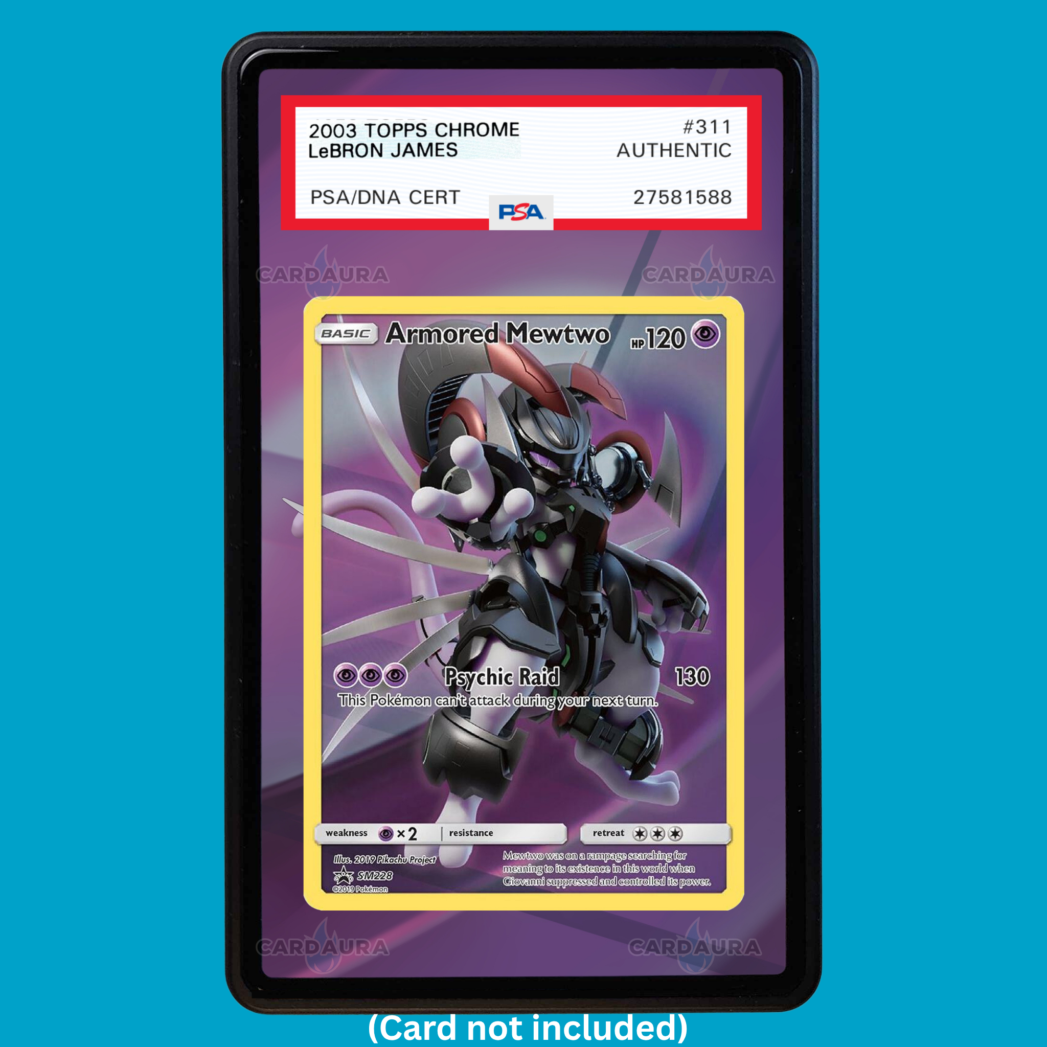 Hand-drawn Armored Mewtwo SM228 Promo extended art display case insert for graded Pokémon cards