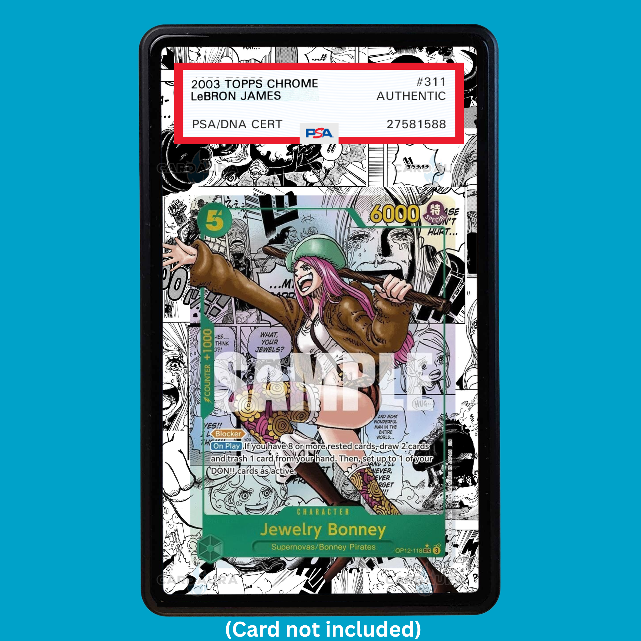 Showcase your Jewelry Bonney Manga OP12-118 with a premium extended art display case designed for graded One Piece cards. This collectible display combines hand-drawn extended artwork, a magnetic aluminum case, and UV-protective tempered glass to help protect and elevate your One Piece Jewerly Bonney OP12-118 Manga card.