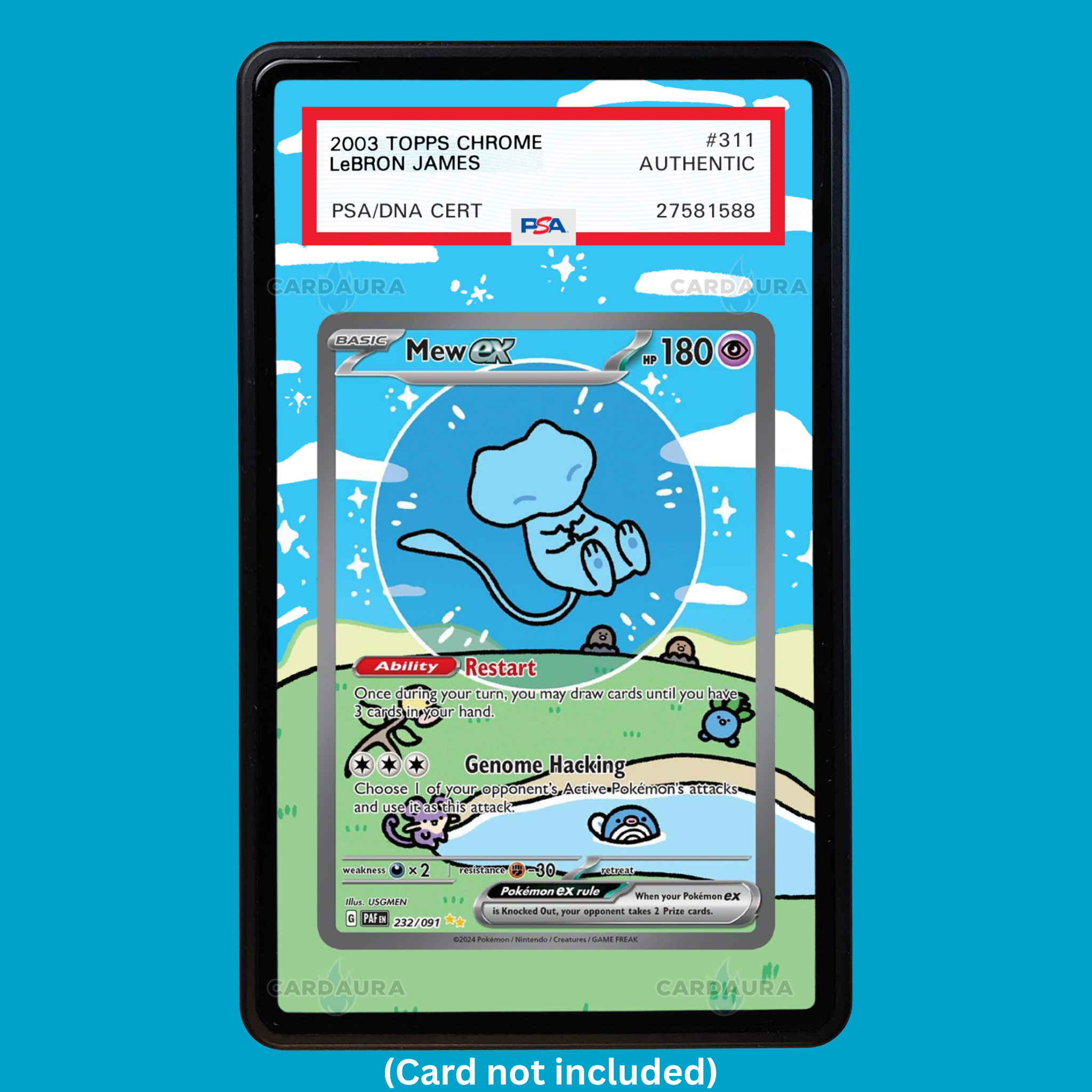 Hand-drawn Bubble Mew ex 232/091  Paldean extended art display case insert for graded Pokémon cardsates