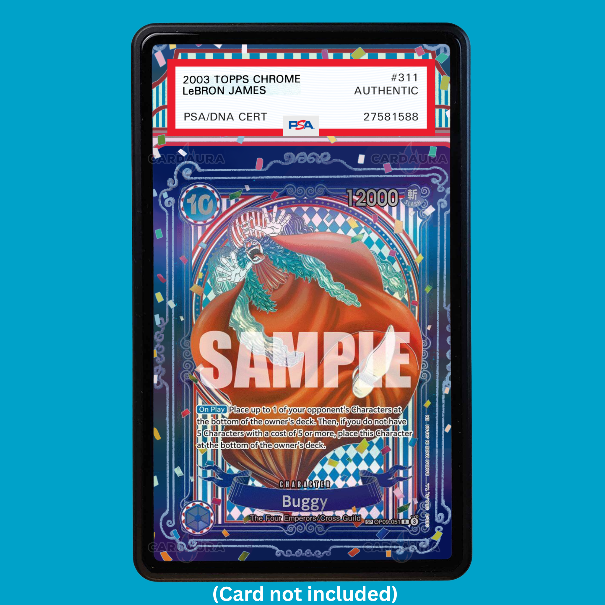 Showcase your Buggy SP Silver OP09-051 with a premium extended art display case designed for graded One Piece cards. This collectible display combines hand-drawn extended artwork, a magnetic aluminum case, and UV-protective tempered glass to help protect and elevate your Buggy SP Silver OP09-051 card.