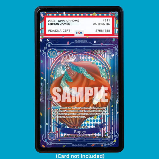 Showcase your Buggy SP Silver OP09-051 with a premium extended art display case designed for graded One Piece cards. This collectible display combines hand-drawn extended artwork, a magnetic aluminum case, and UV-protective tempered glass to help protect and elevate your Buggy SP Silver OP09-051 card.