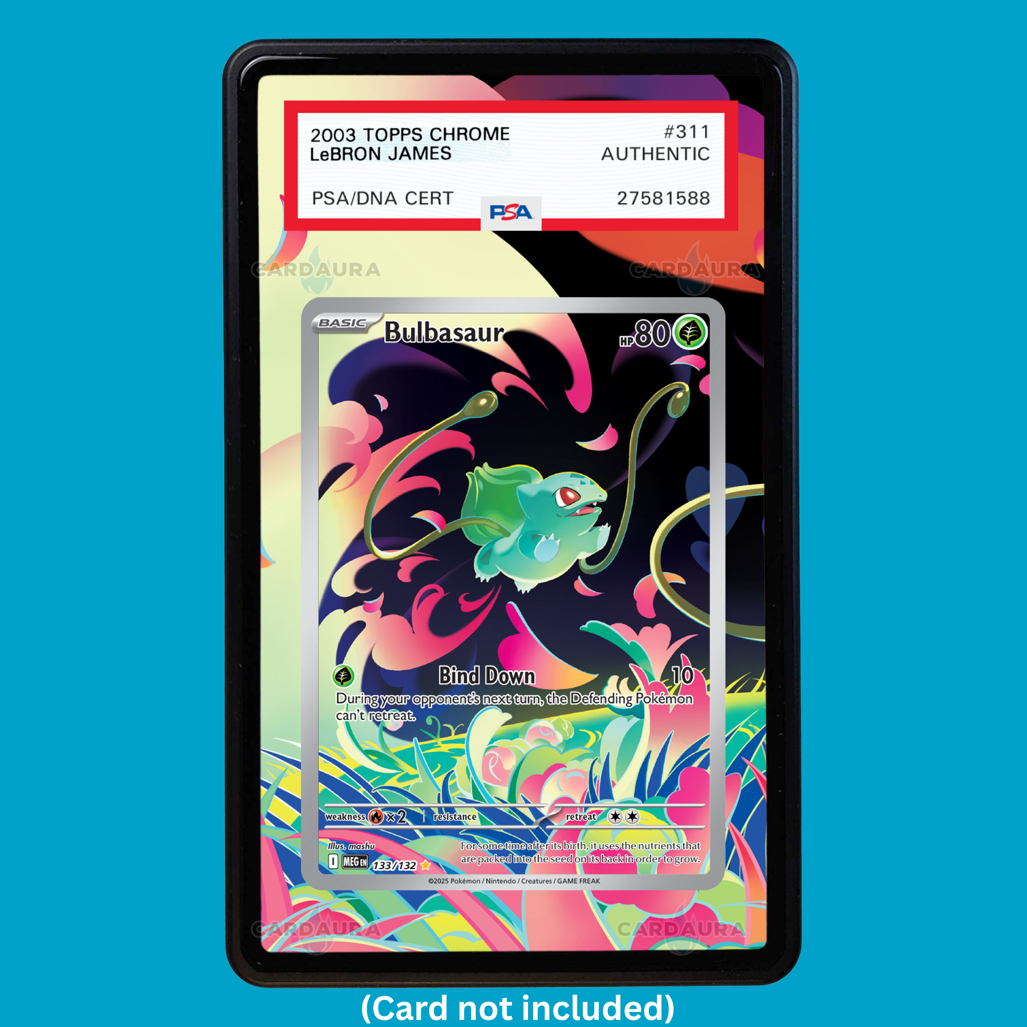 Hand-drawn Bulbasaur 133/132 Mega Evolutions extended art display case insert for graded Pokémon cards