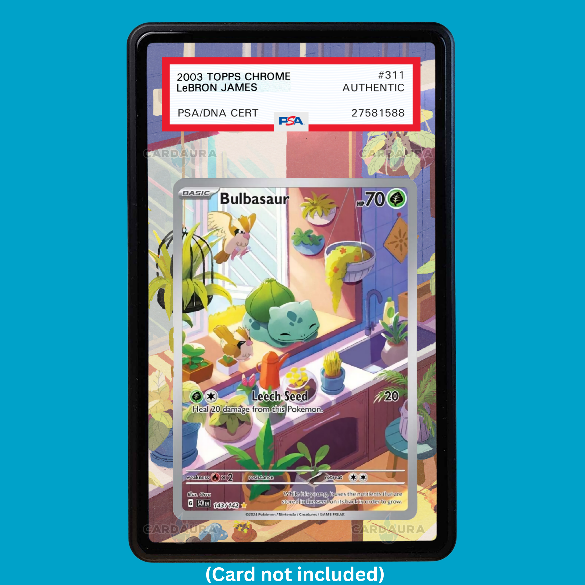 Hand-drawn Bulbasaur 143/142 Stellar Crown extended art display case insert for graded Pokémon cards