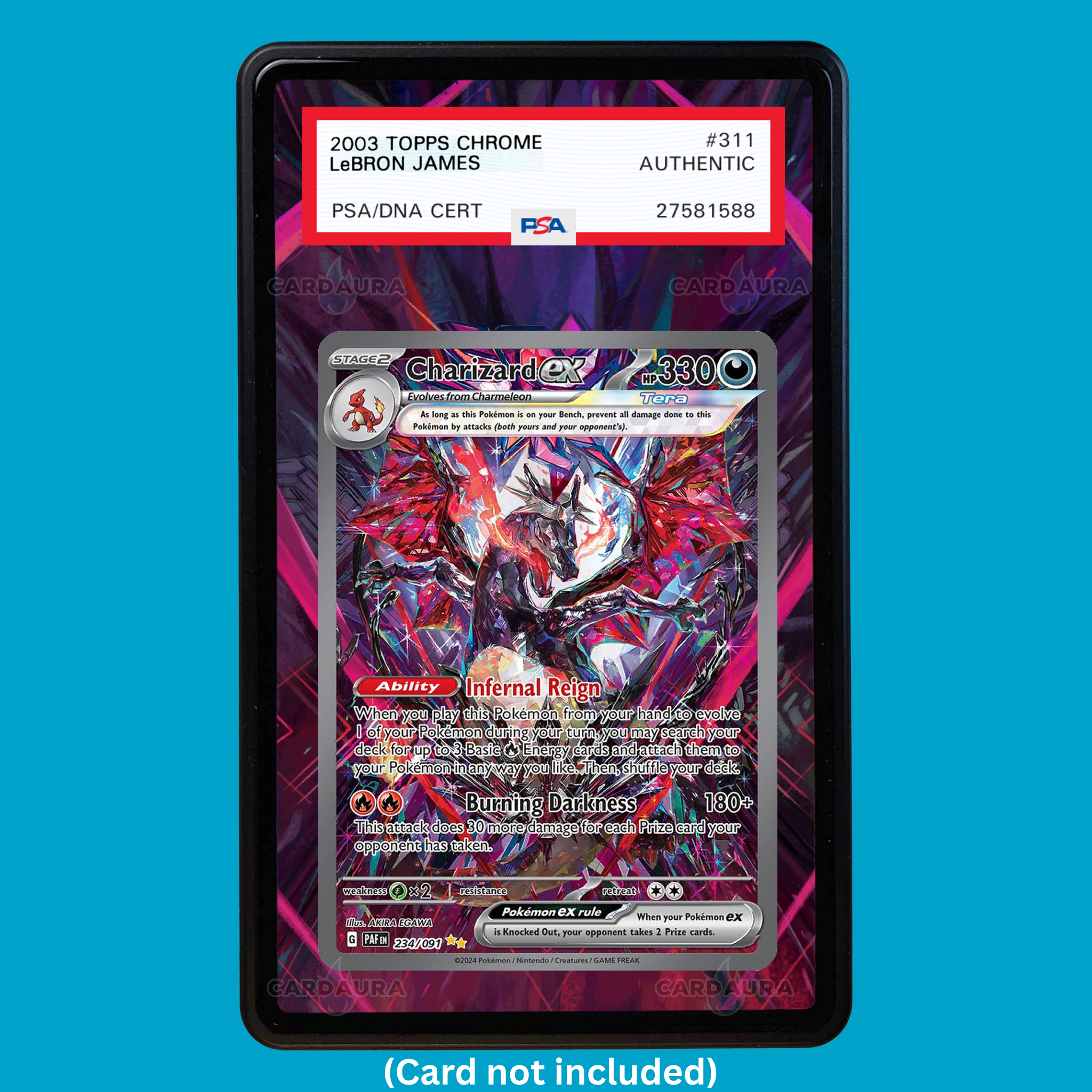 Hand-drawn Charizard 234/091 Paldean Fates extended art display case insert for graded Pokémon cards