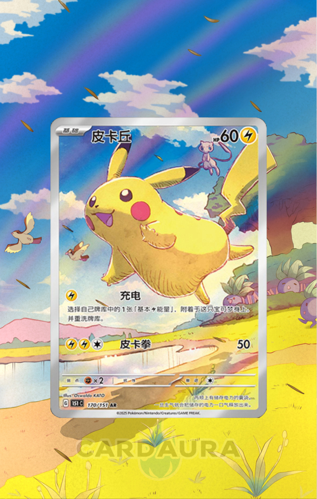 Flying Pikachu 170 | Chinese 151 CardAura - Extended Art + Display Case (Raw)