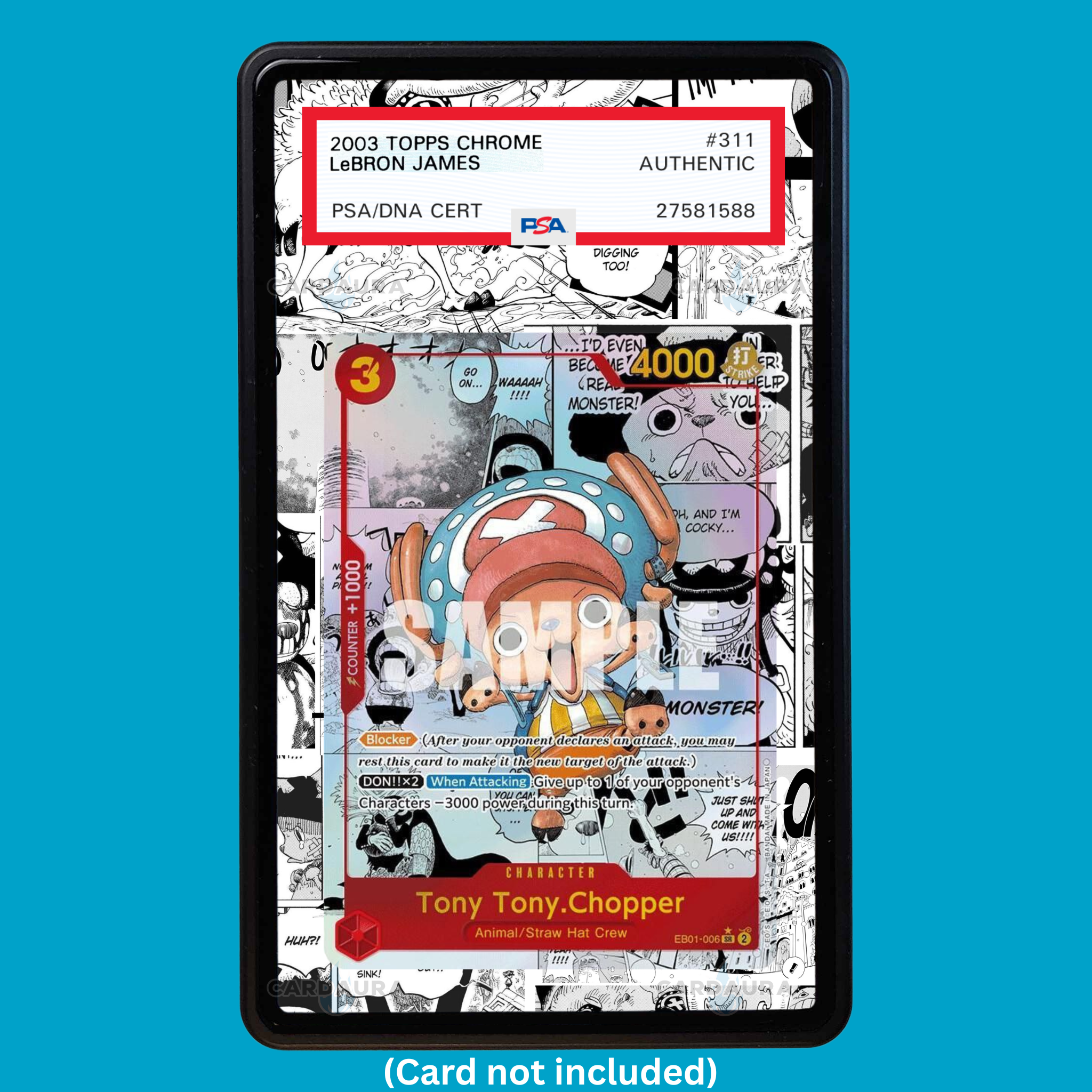 Showcase your Tony Tony. Chopper Manga EB01-006 with a premium extended art display case designed for graded One Piece cards. This collectible display combines hand-drawn extended artwork, a magnetic aluminum case, and UV-protective tempered glass to help protect and elevate your One Piece Tony Tony. Chopper EB01-006 Manga card.