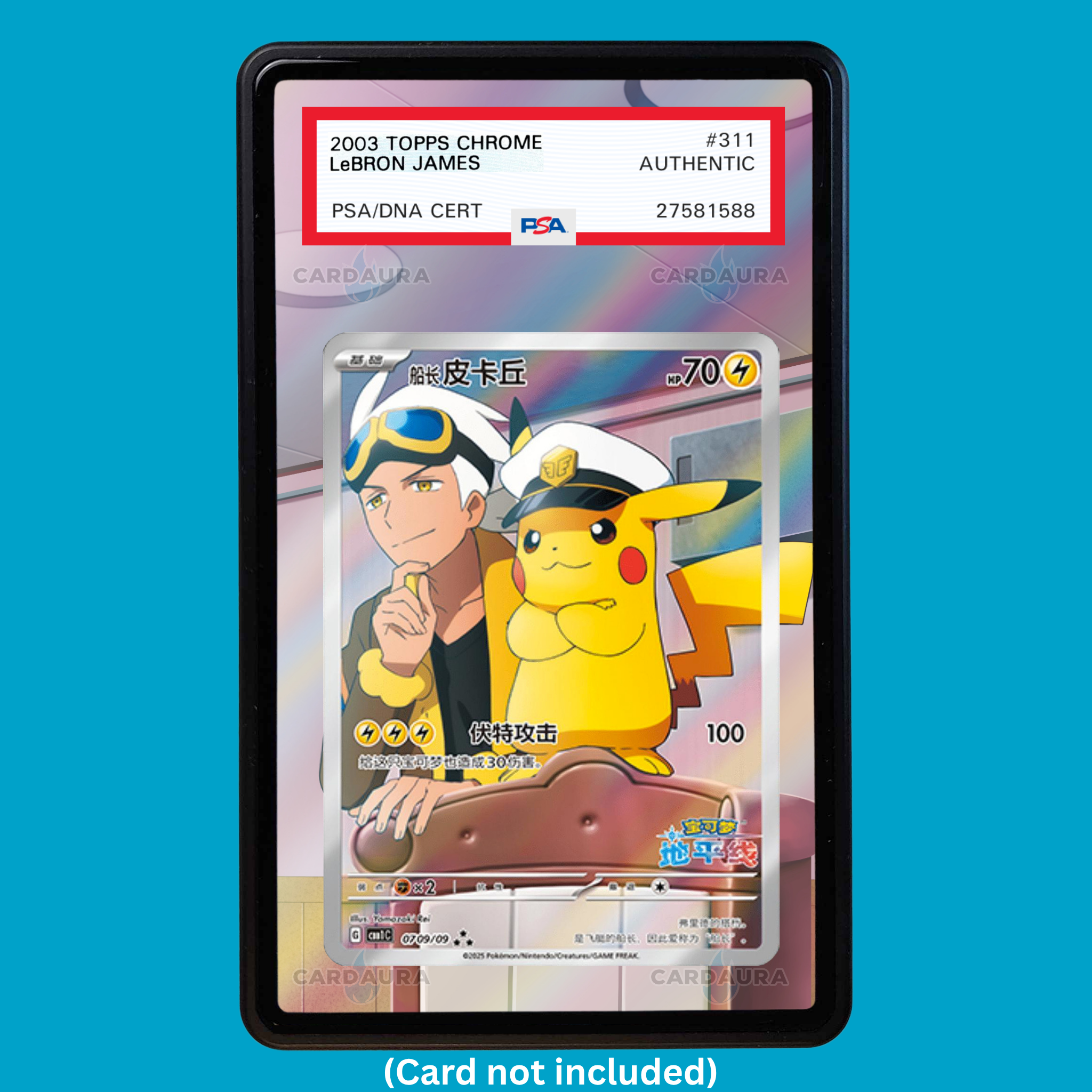 Hand-drawn Captain Pikachu 709/09 Chinese Gem Pack extended art display case insert for graded Pokémon cards