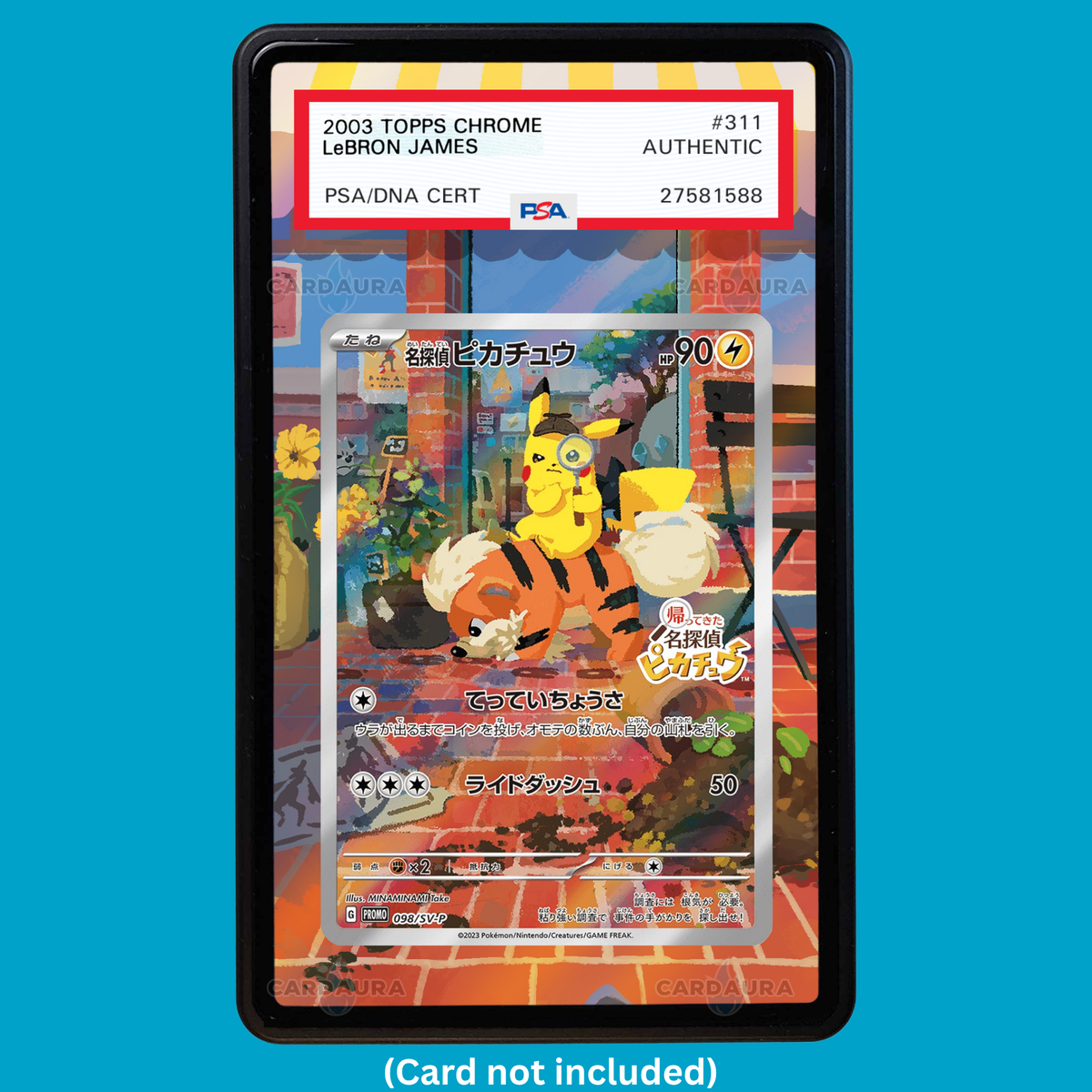 Hand-drawn Detective Pikachu Promo extended art display case insert for graded Pokémon cards