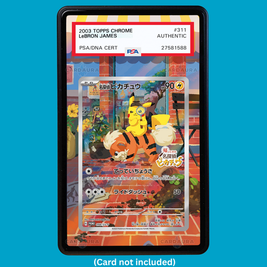 Hand-drawn Detective Pikachu Promo extended art display case insert for graded Pokémon cards