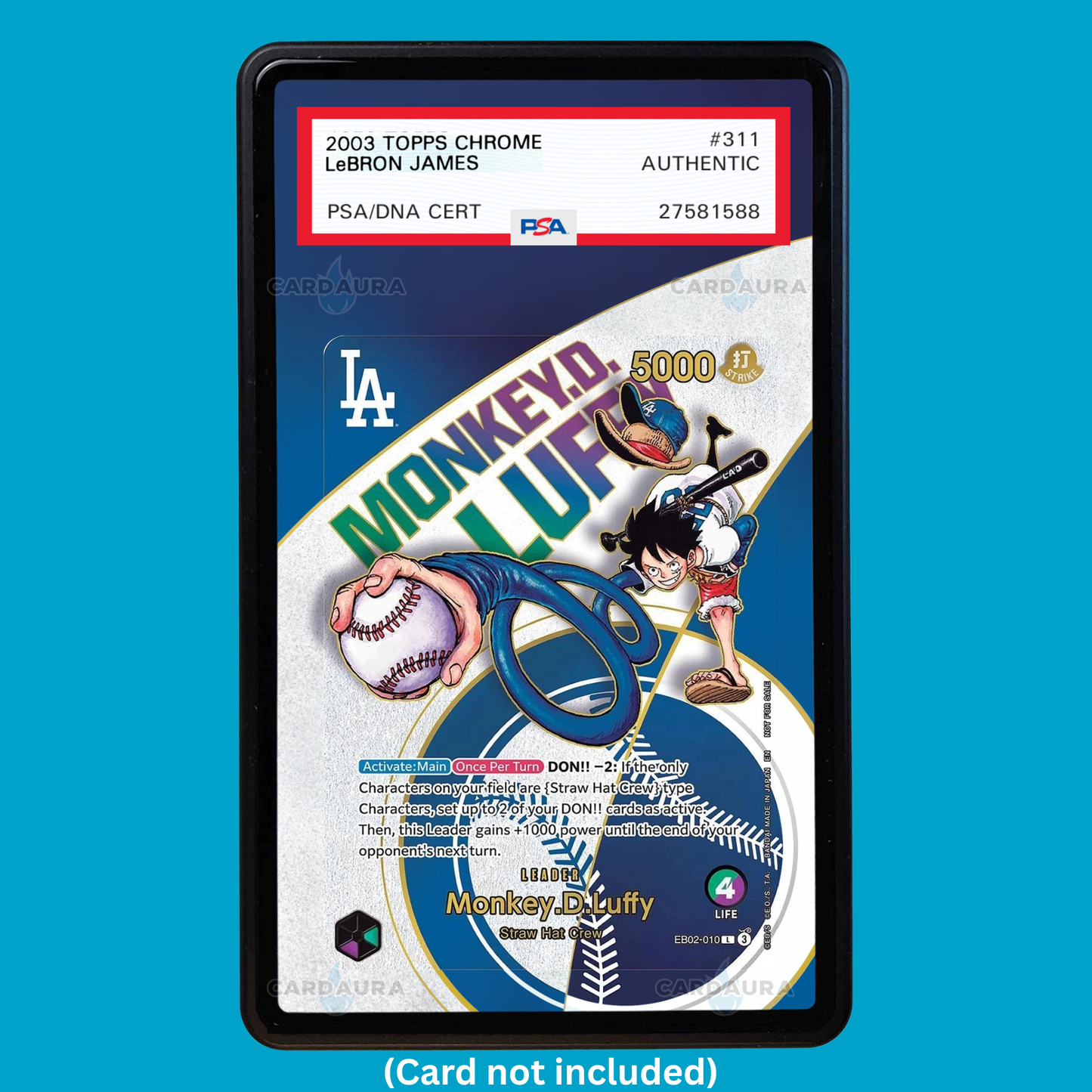 Showcase your Monkey D. Luffy Dodgers EB02-010 with a premium extended art display case designed for graded One Piece cards. This collectible display combines hand-drawn extended artwork, a magnetic aluminum case, and UV-protective tempered glass to help protect and elevate your One Piece Monkey D. Luffy EB02-010 Dodgers card.