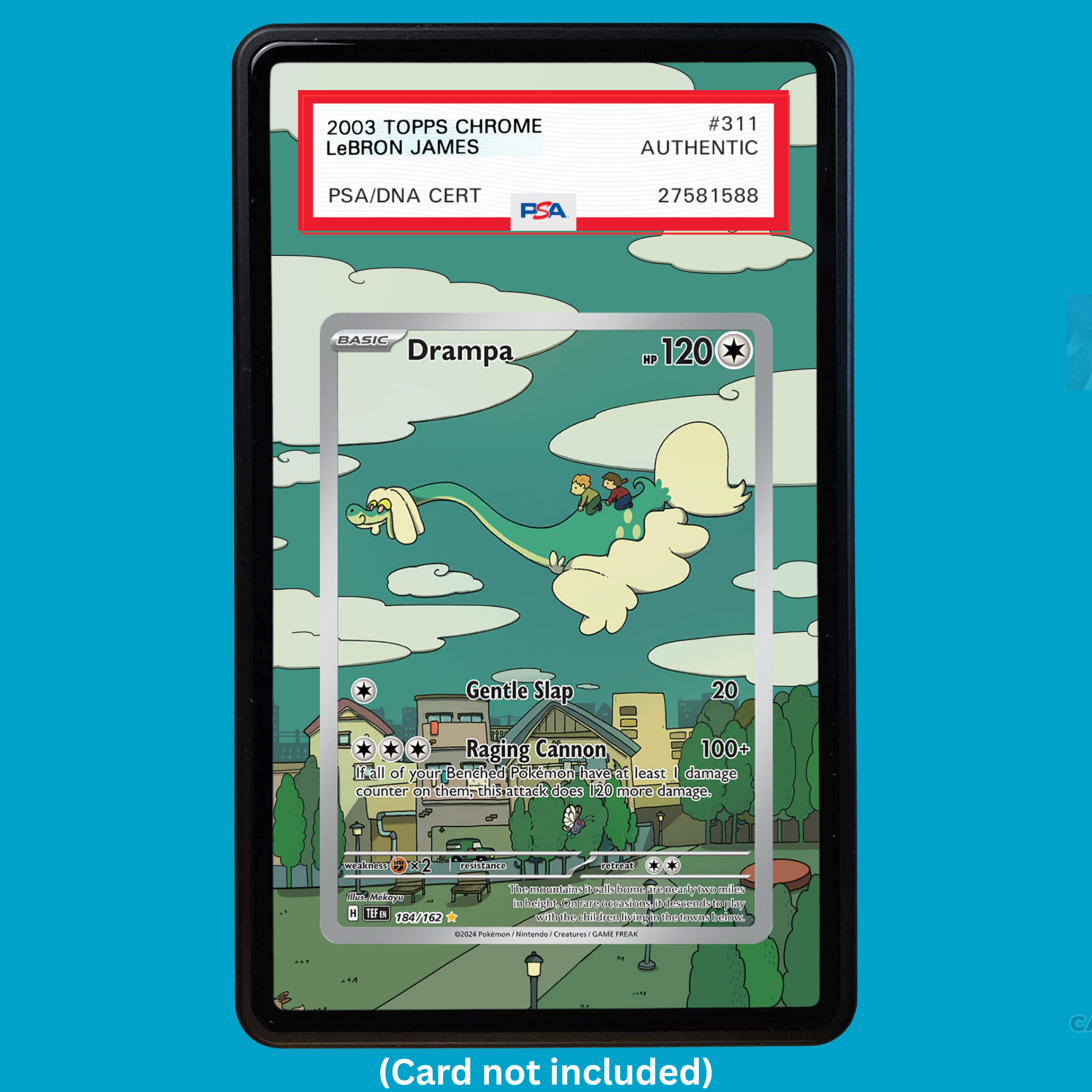 Showcase your Drampa 184/162 Temporal Forces with a premium extended art display case designed for graded Pokémon cards. This collectible display combines hand-drawn extended artwork, a magnetic aluminum case, and UV-protective tempered glass to help protect and elevate your Drampa 184/162 Pokémon card.