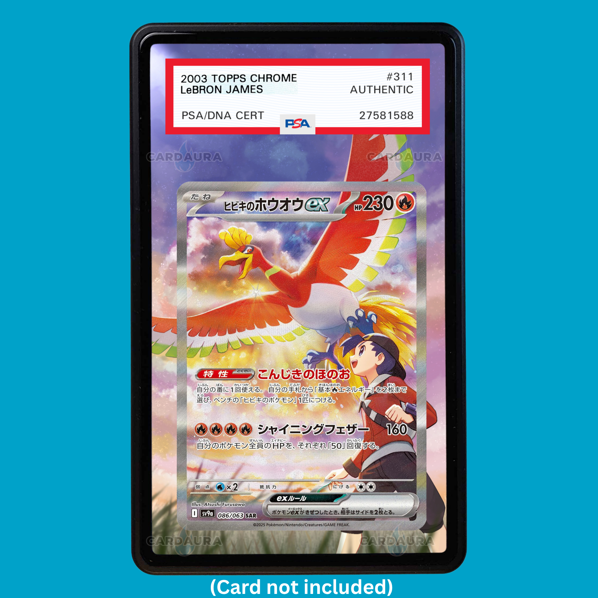 Hand-drawn Ethan's Ho-oh 230/182 Destined Rivals extended art display case insert for graded Pokémon cards