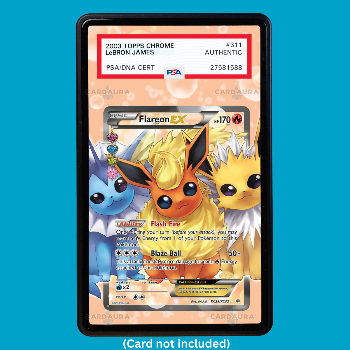 Hand-drawn Flareon EX RC28/RC32 Generations extended art display case insert for graded Pokémon cards