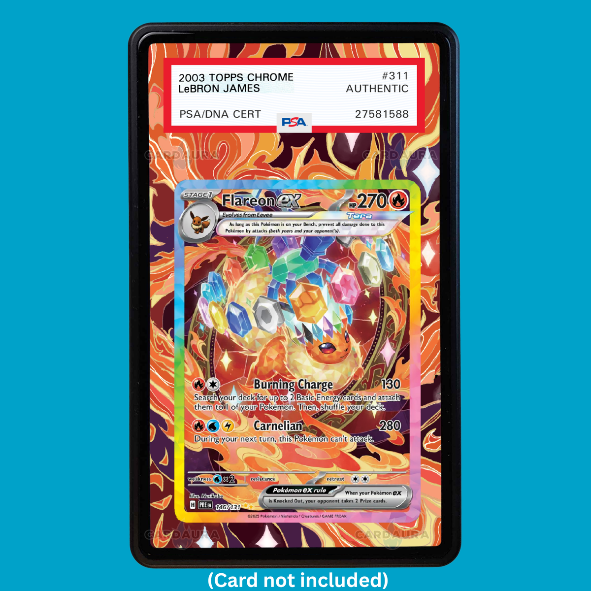 Hand-drawn Flareon EX 146/131 Prismatic Evolutions extended art display case insert for graded Pokémon cards