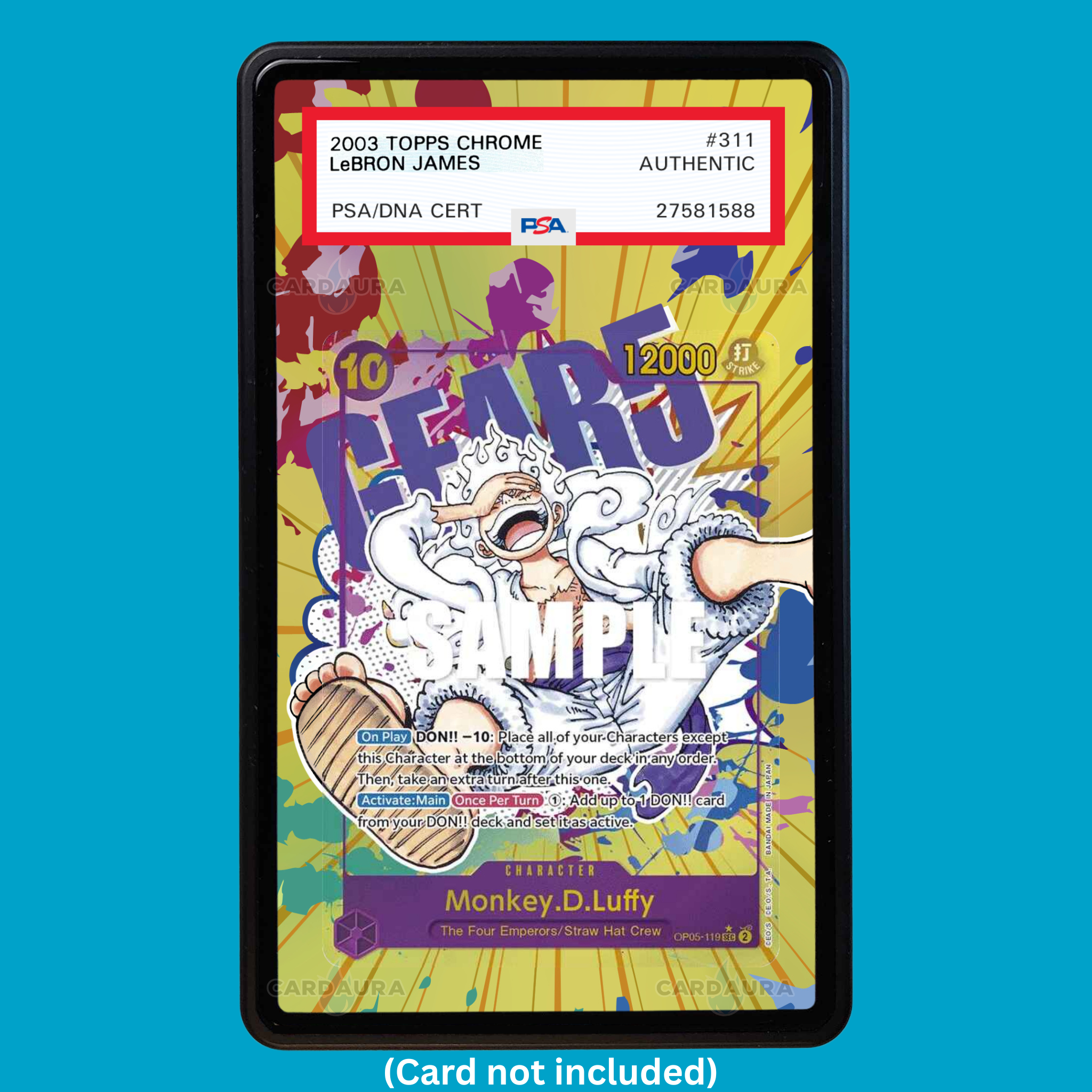 Showcase your Monkey D. Luffy OP05-119 SEC with a premium extended art display case designed for graded One Piece cards. This collectible display combines hand-drawn extended artwork, a magnetic aluminum case, and UV-protective tempered glass to help protect and elevate your Monkey D. Luffy OP05-119 SEC card.