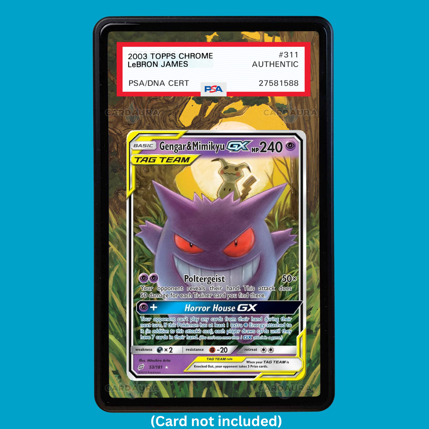 Hand-drawn Gengar & Mimikyu GX 53/181 Team Up extended art display case insert for graded Pokémon cards