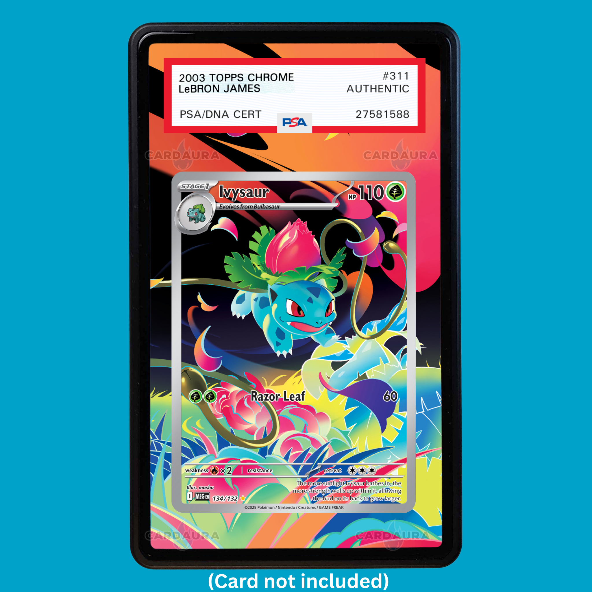 Hand-drawn Ivysaur 134/132 Mega Evolutions extended art display case insert for graded Pokémon cards