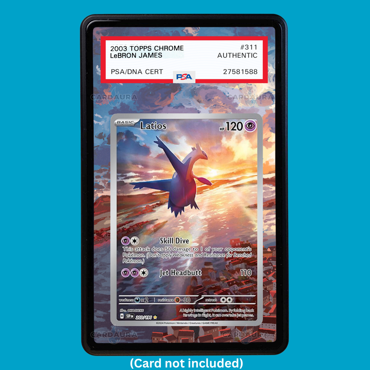 Hand-drawn Latios 203/191 Surging Sparks extended art display case insert for graded Pokémon cards
