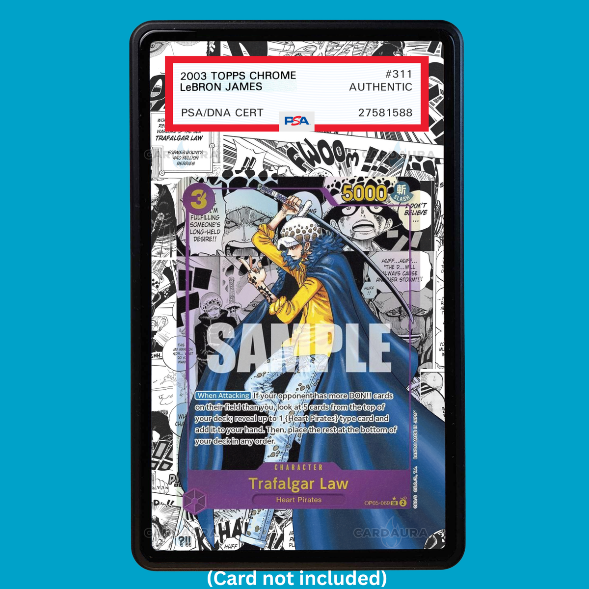 Showcase your Trafalgar Law Manga OP05-069 with a premium extended art display case designed for graded One Piece cards. This collectible display combines hand-drawn extended artwork, a magnetic aluminum case, and UV-protective tempered glass to help protect and elevate your One Piece Trafalgar Law OP05-069 Manga card.