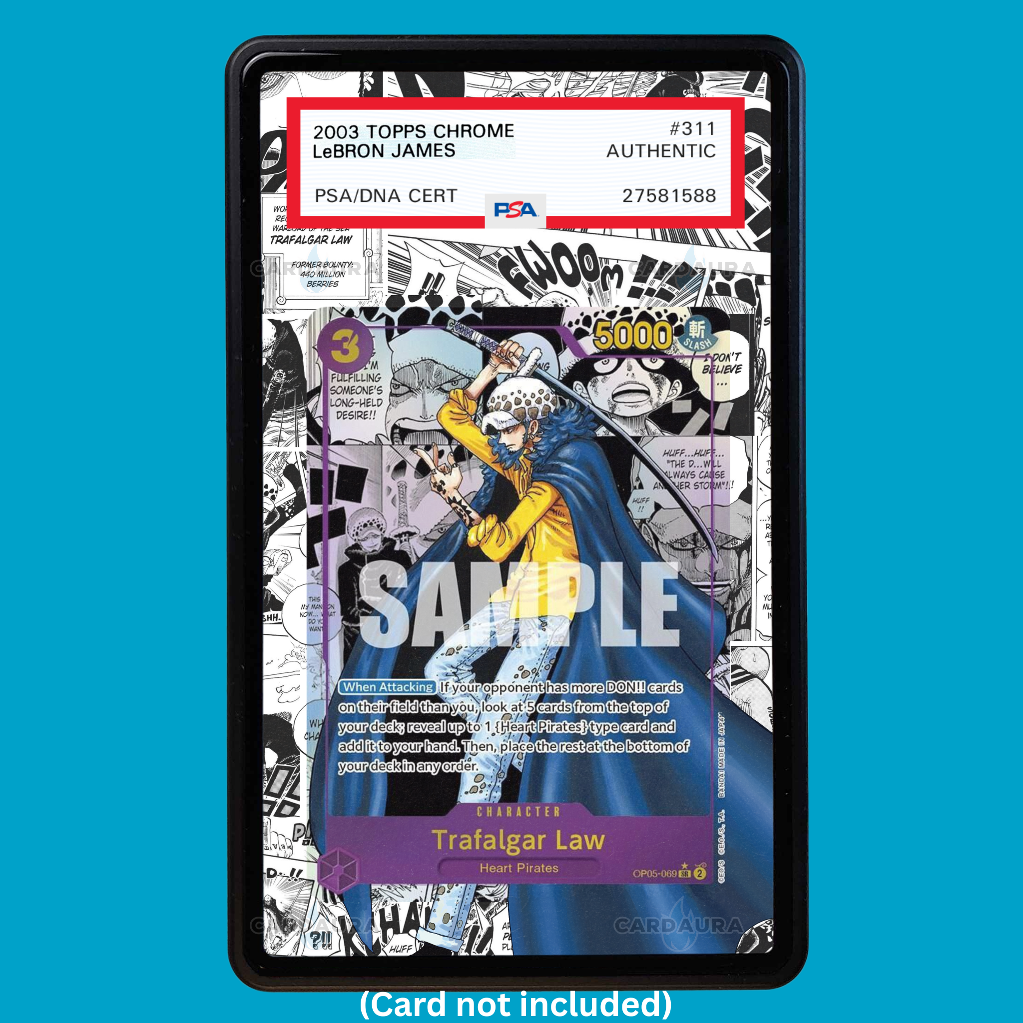 Showcase your Trafalgar Law Manga OP05-069 with a premium extended art display case designed for graded One Piece cards. This collectible display combines hand-drawn extended artwork, a magnetic aluminum case, and UV-protective tempered glass to help protect and elevate your One Piece Trafalgar Law OP05-069 Manga card.