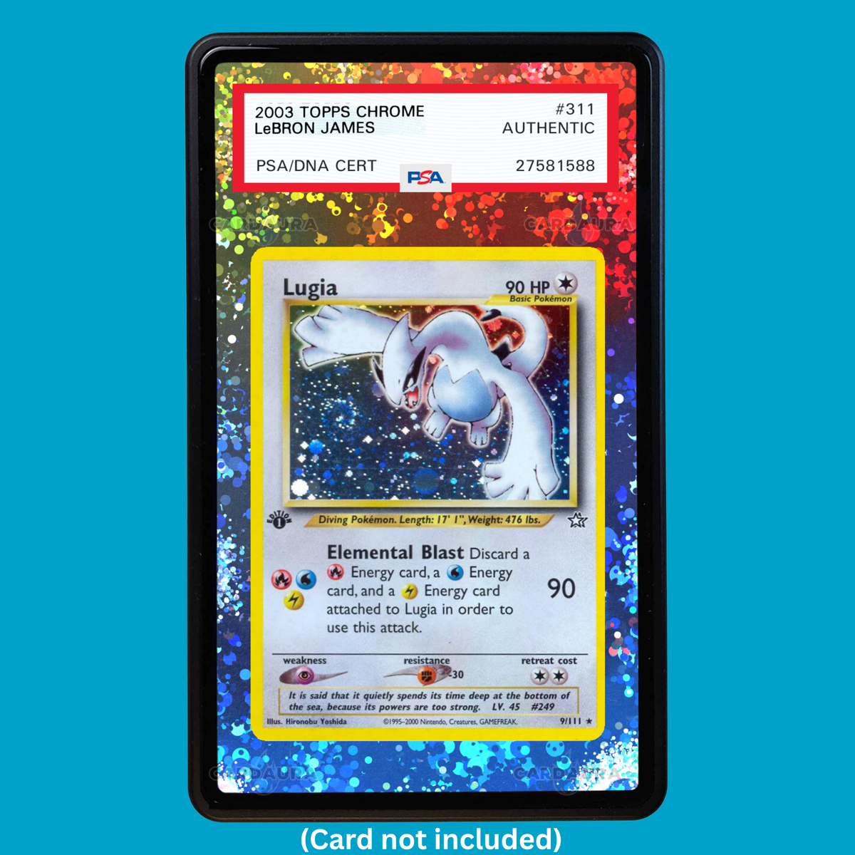 Showcase your Lugia 9/111 with a premium extended art display case designed for graded Pokémon cards. This collectible display combines hand-drawn extended artwork, a magnetic aluminum case, and UV-protective tempered glass to help protect and elevate your Lugia 9/111 card.