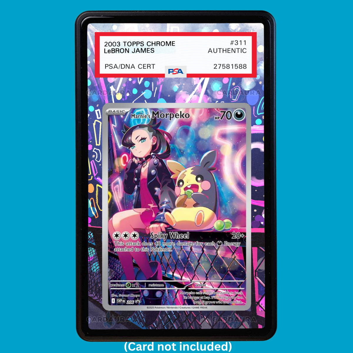 Hand-drawn Marnie’s Morpeko SVP 206 SV Promo extended art display case insert for graded Pokémon cards