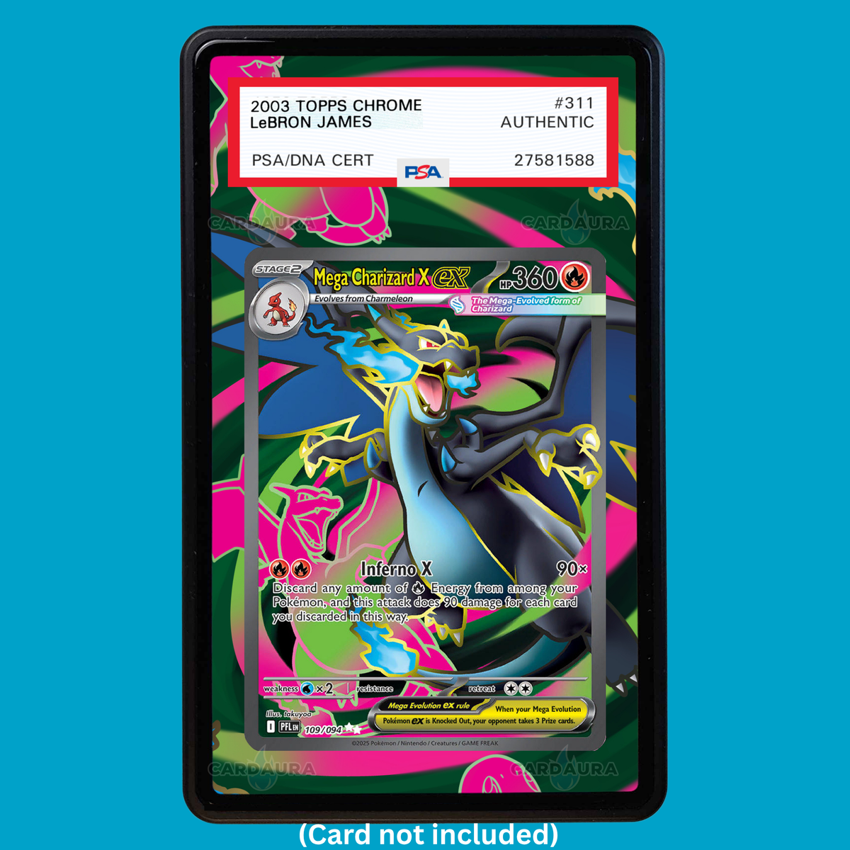 Hand-drawn Mega Charizard X EX 109/094 Phantasmal Flames extended art display case insert for graded Pokémon cards