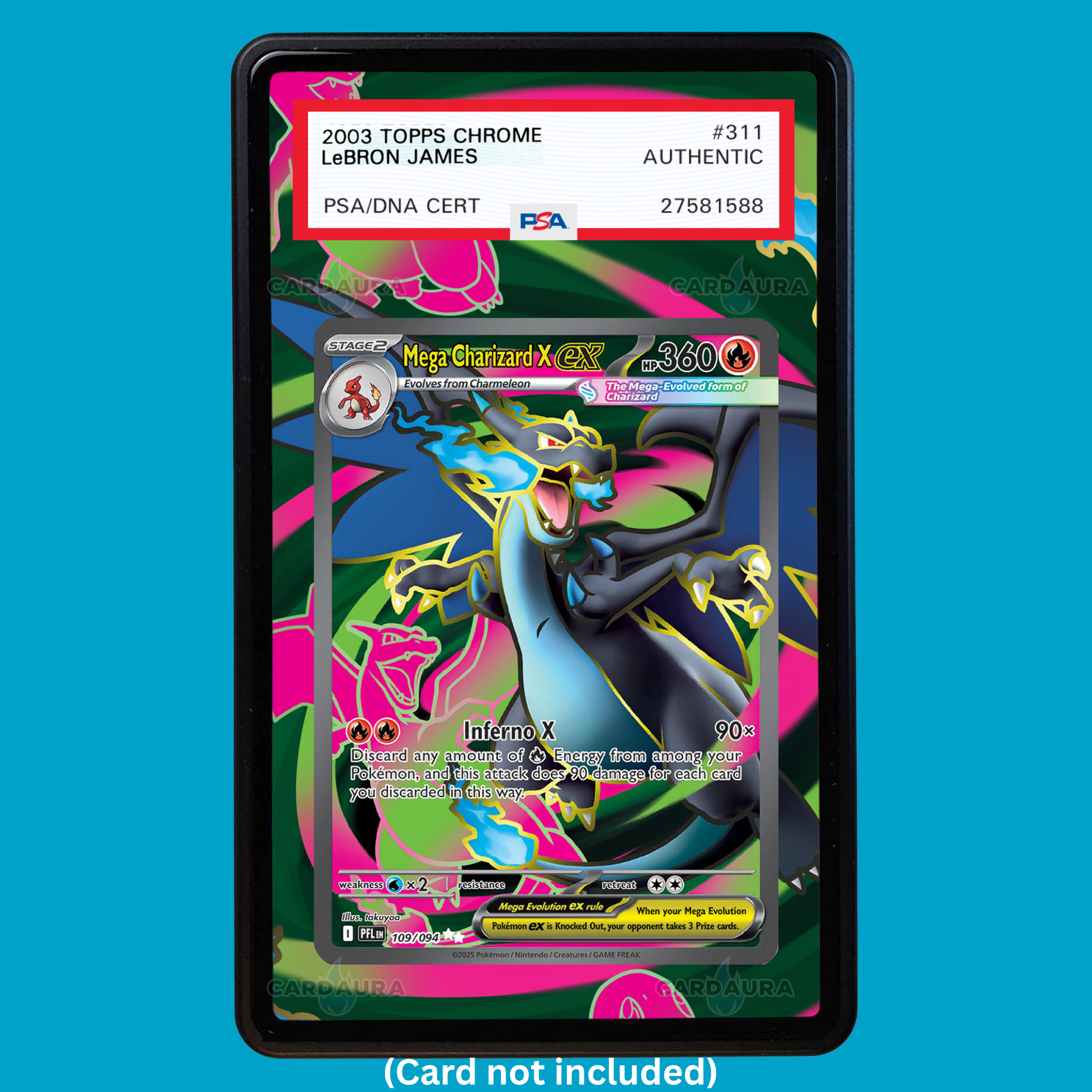Hand-drawn Mega Charizard X EX 109/094 Phantasmal Flames extended art display case insert for graded Pokémon cards