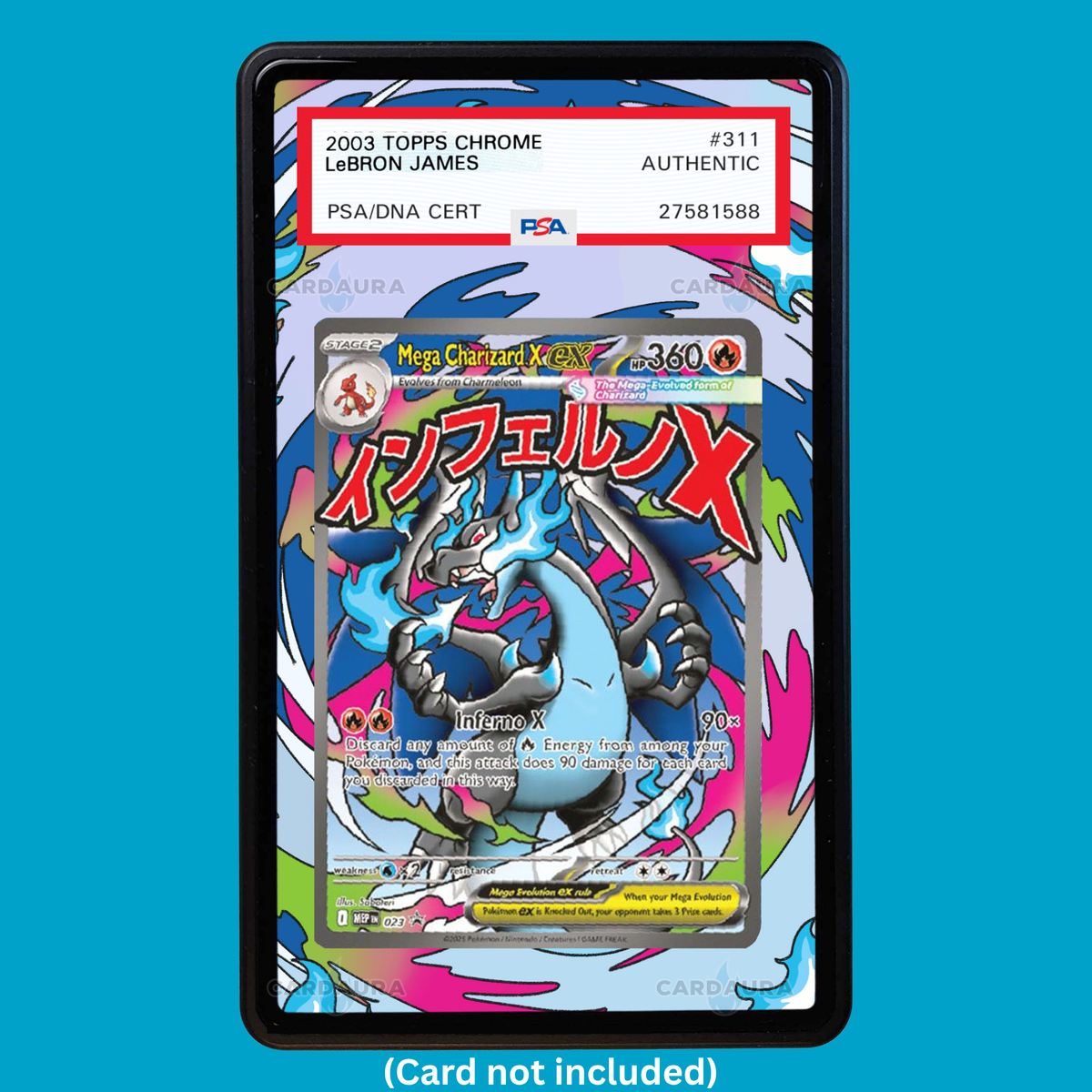 Hand-drawn Mega Charizard 023 Promo Phantasmal Flames extended art display case insert for graded Pokémon cards