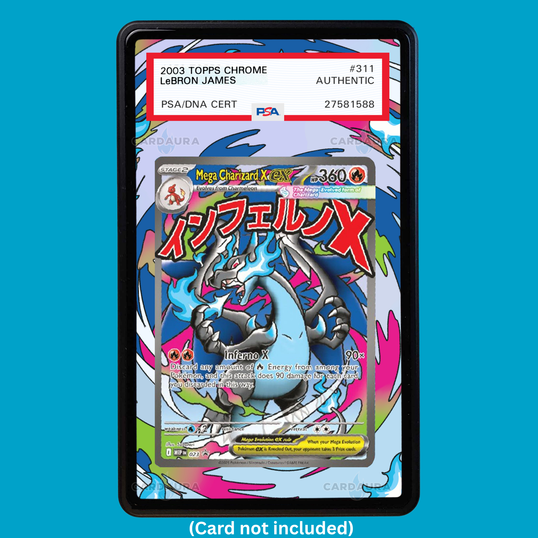 Hand-drawn Mega Charizard 023 Promo Phantasmal Flames extended art display case insert for graded Pokémon cards